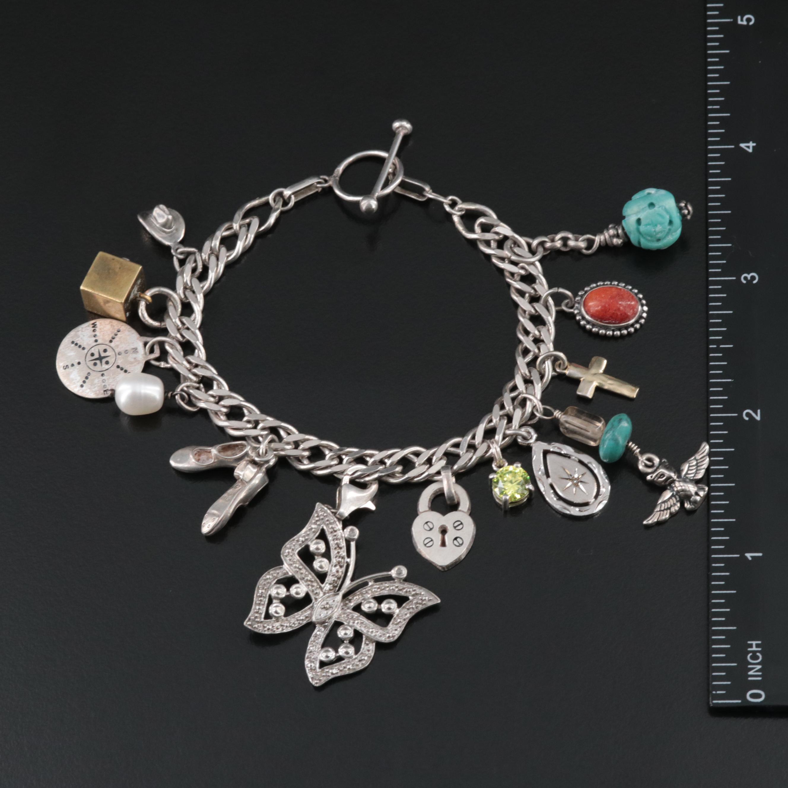 Sterling Charm Bracelet Including Coral, Diamonds and CZ