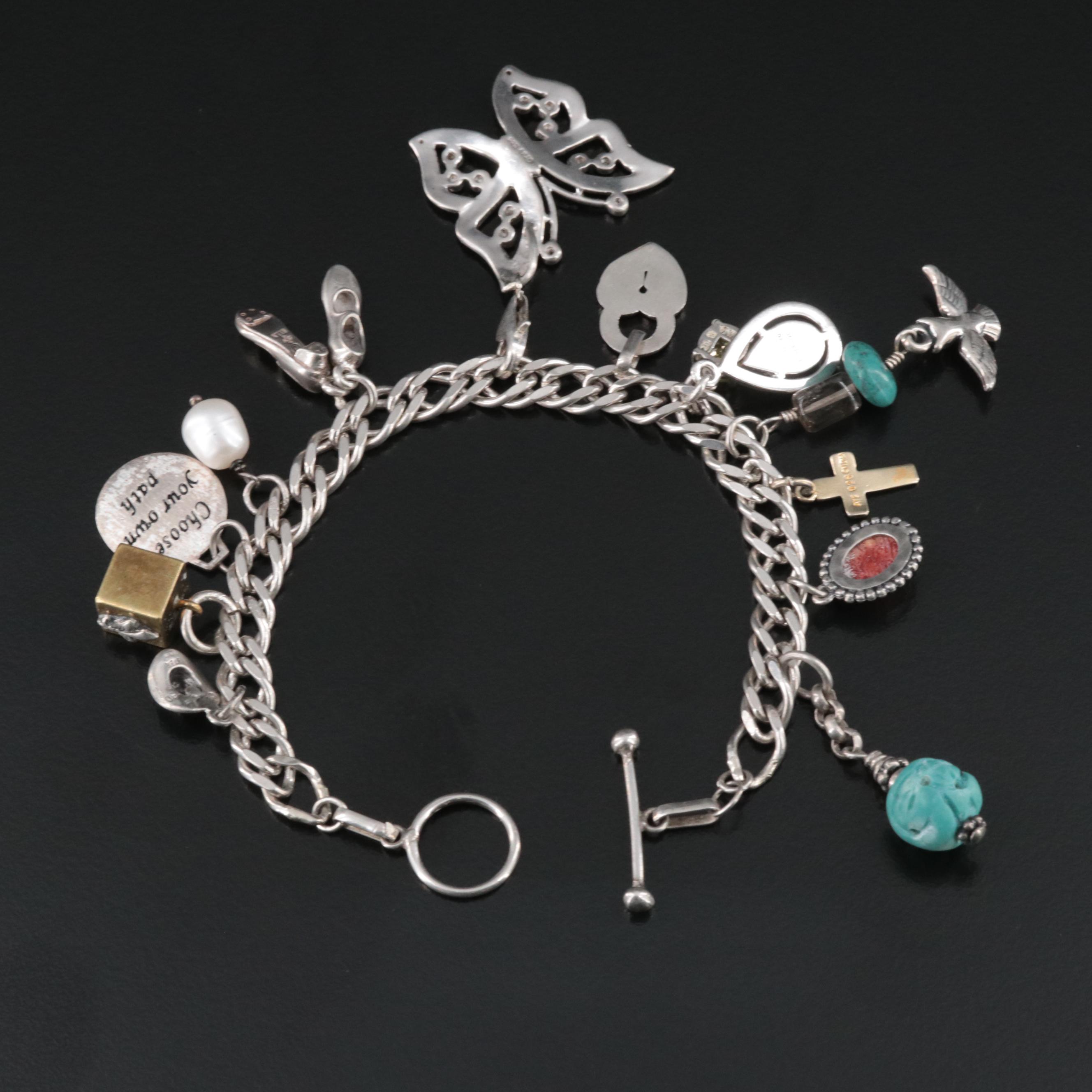 Sterling Charm Bracelet Including Coral, Diamonds and CZ