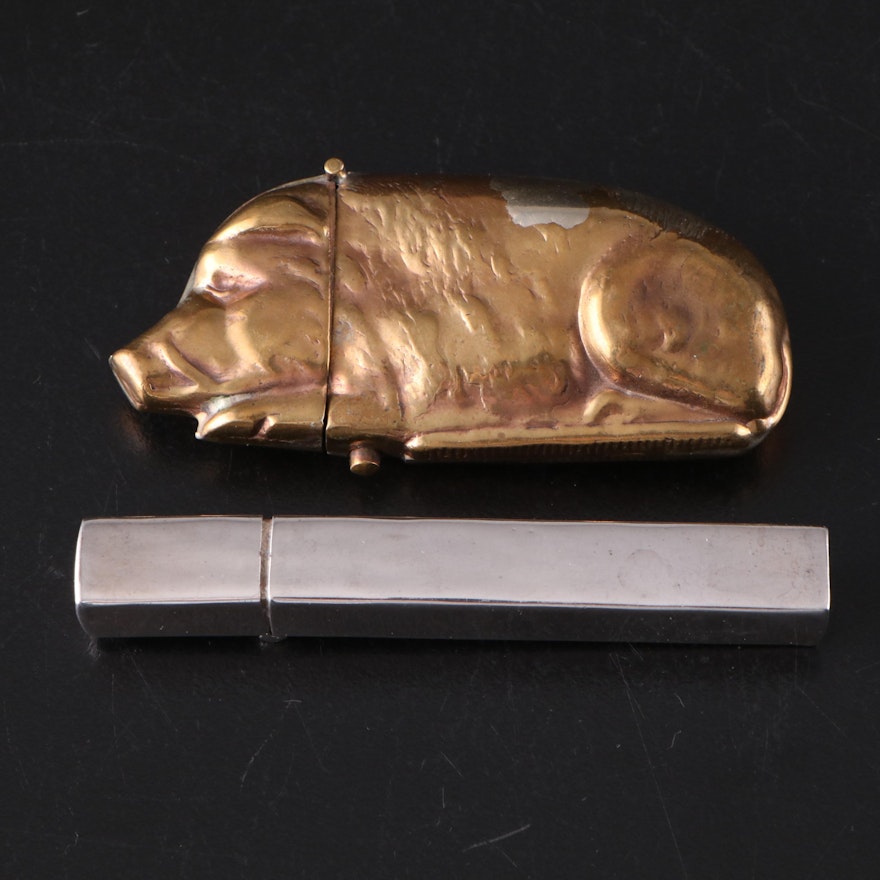 Sterling Silver and Metal Boar Shaped Vesta Cases