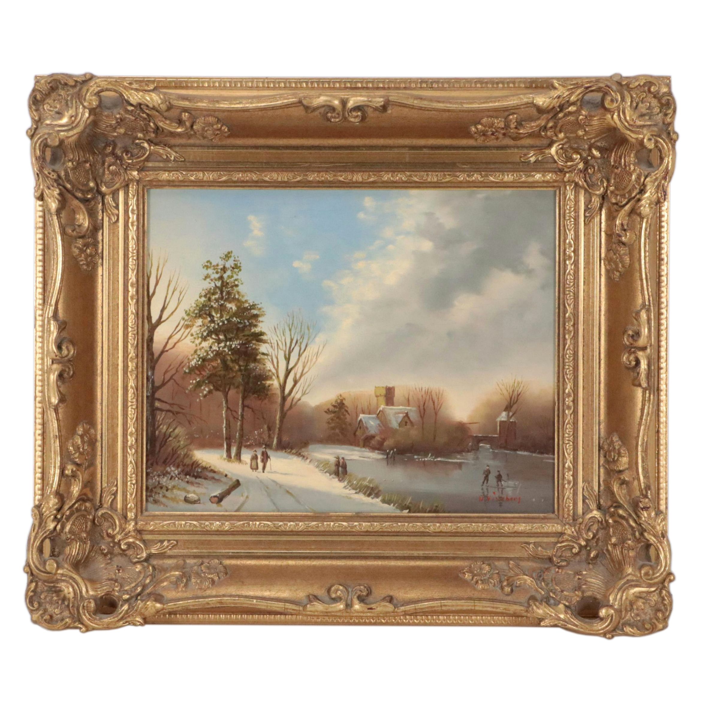 Oil Painting of Winter Landscape with Figures