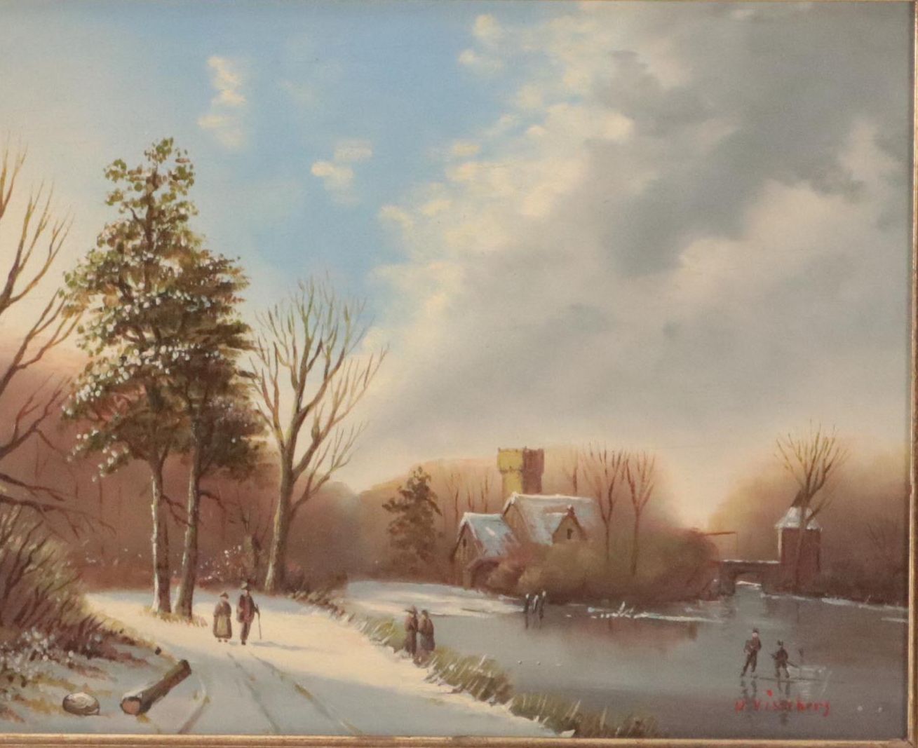 Oil Painting of Winter Landscape with Figures