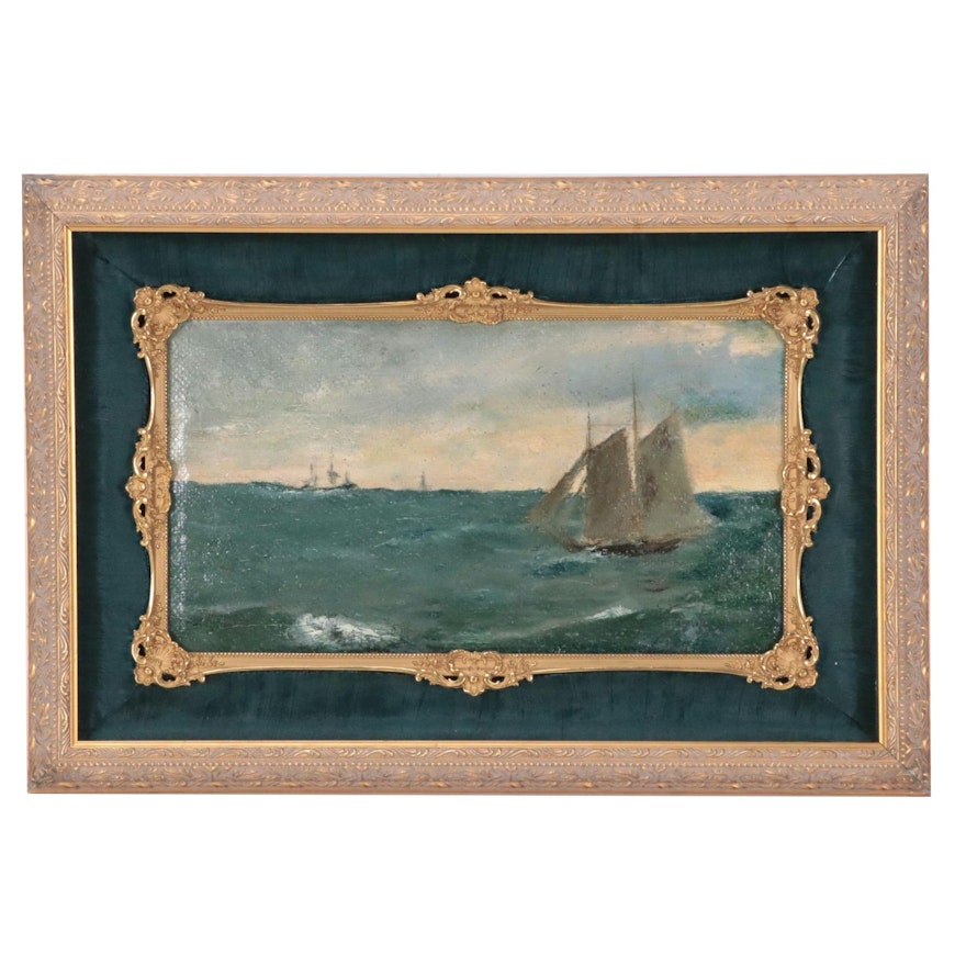 Maritime Oil Painting of Seascape with Ships, 20th Century