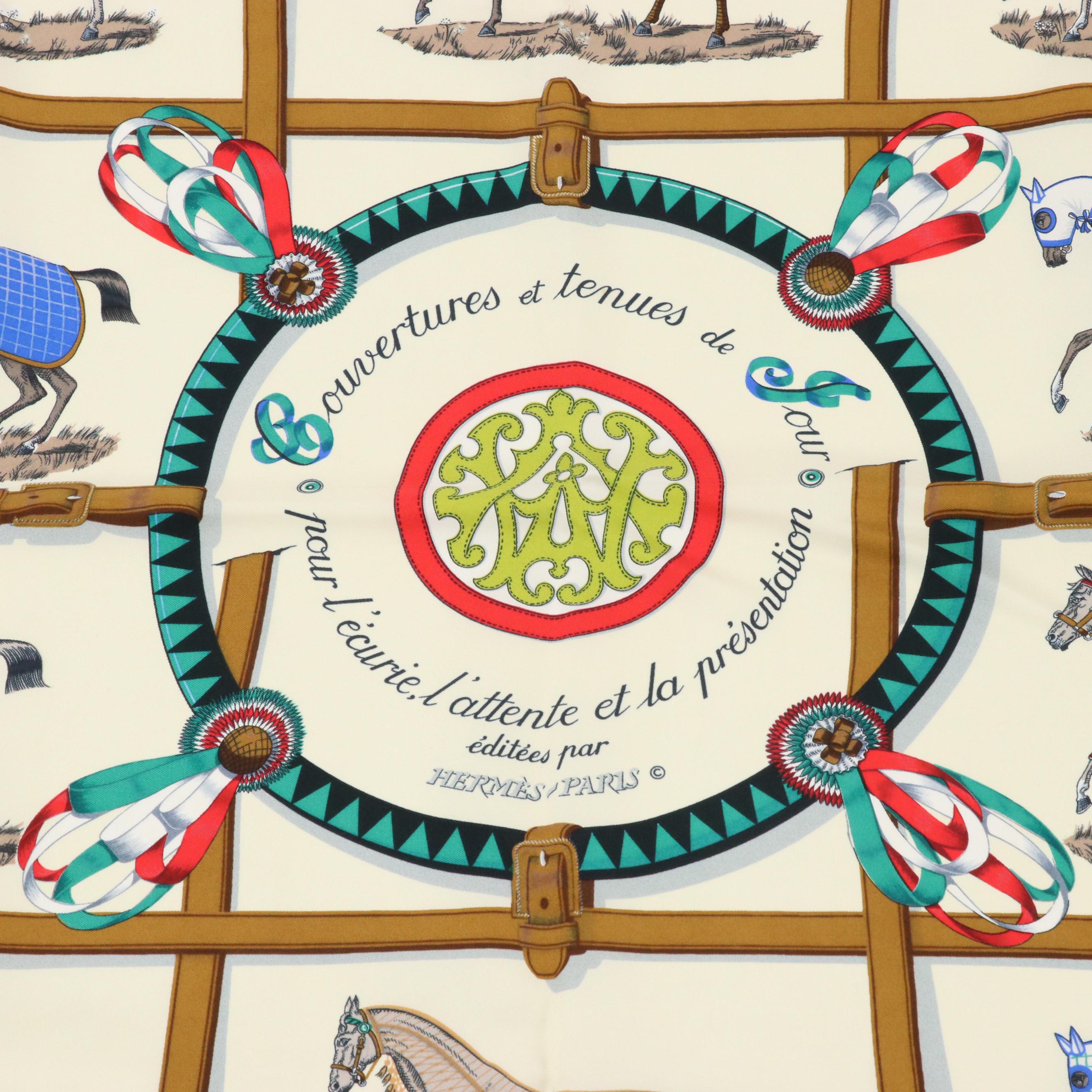 Hermès Early Issue "Couvertures et Tenues de Jour" Scarf 90 in Silk Twill, Box