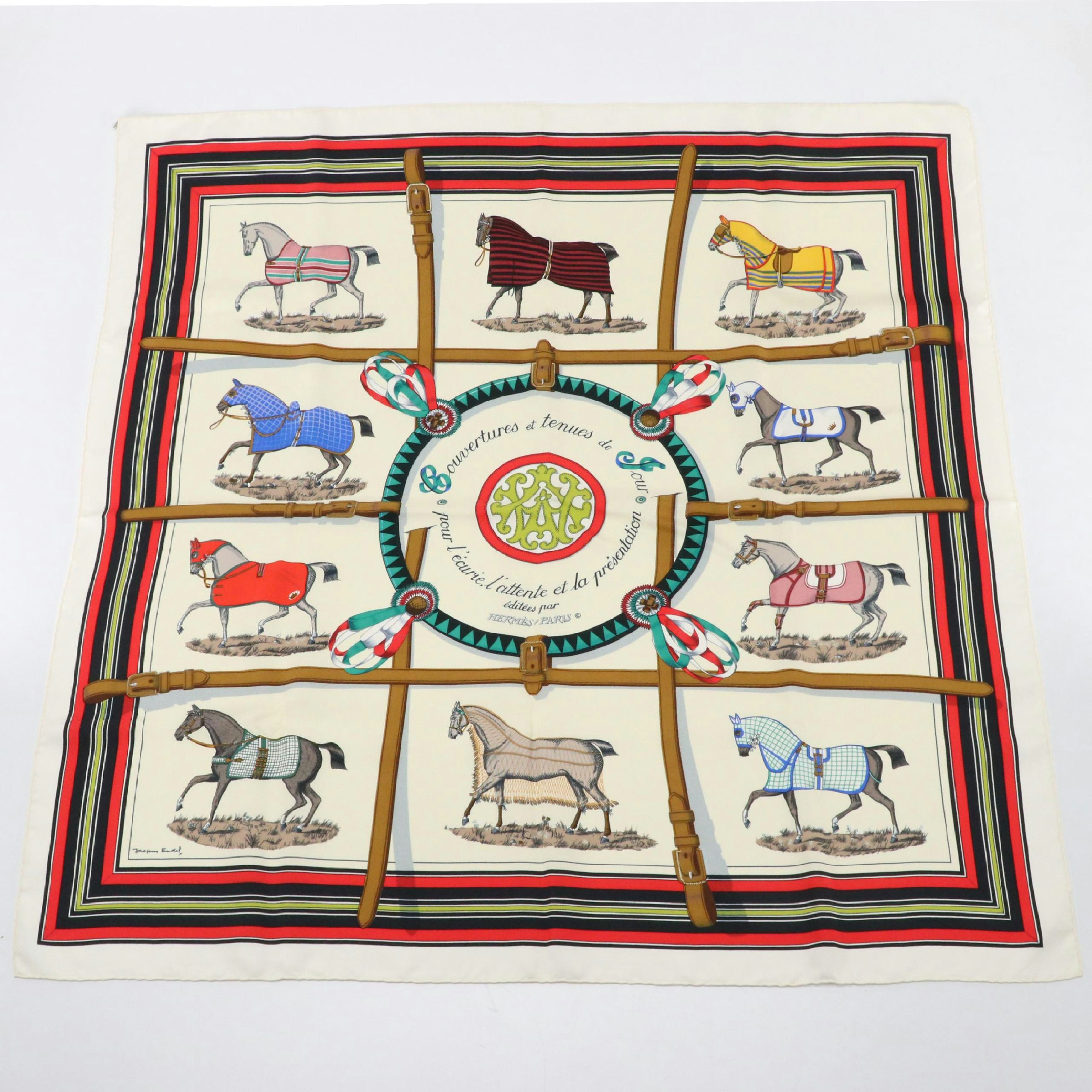 Hermès Early Issue "Couvertures et Tenues de Jour" Scarf 90 in Silk Twill, Box