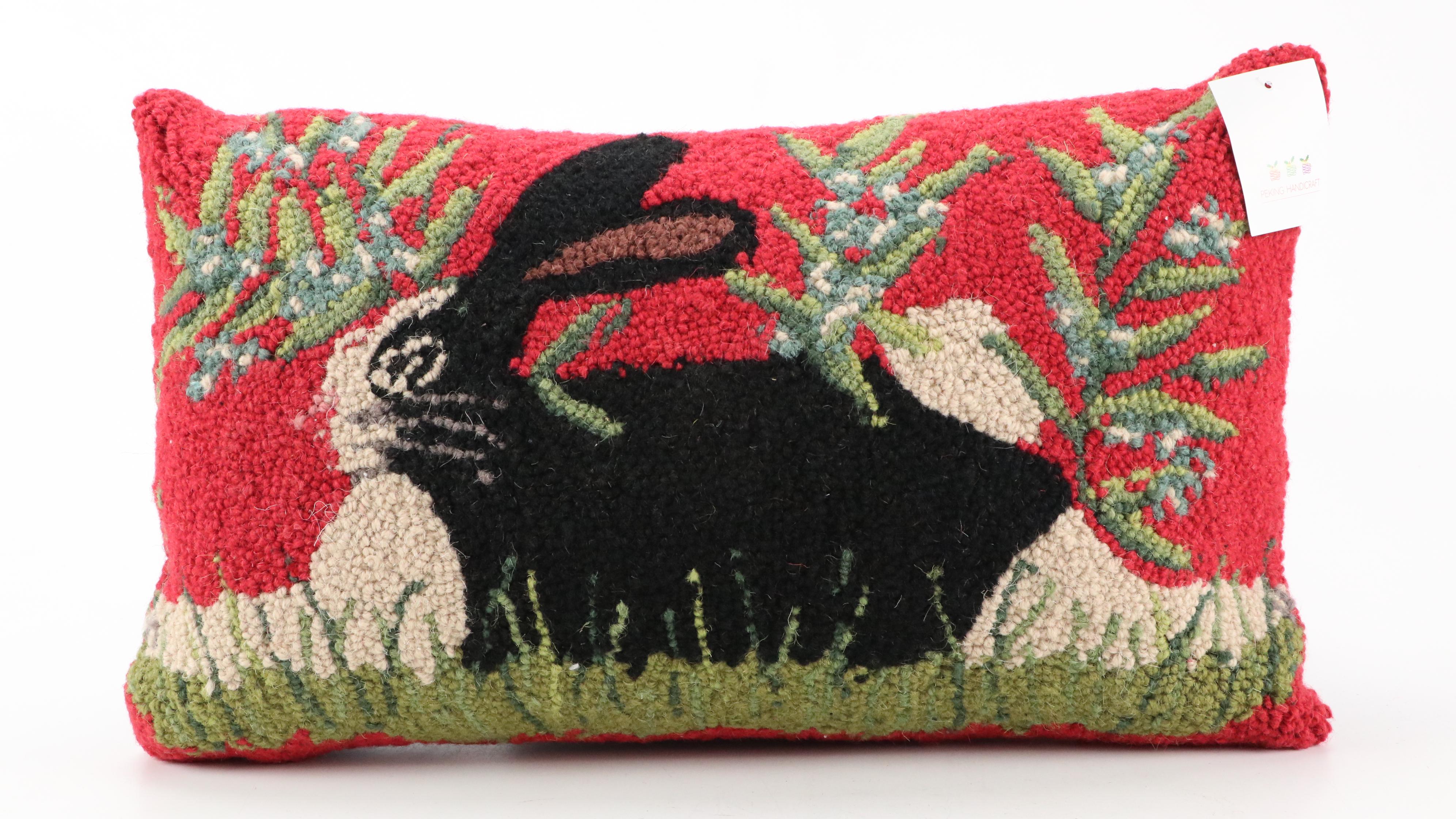 Peking Handicraft Hooked Wool Rabbit Portrait Accent Pillows