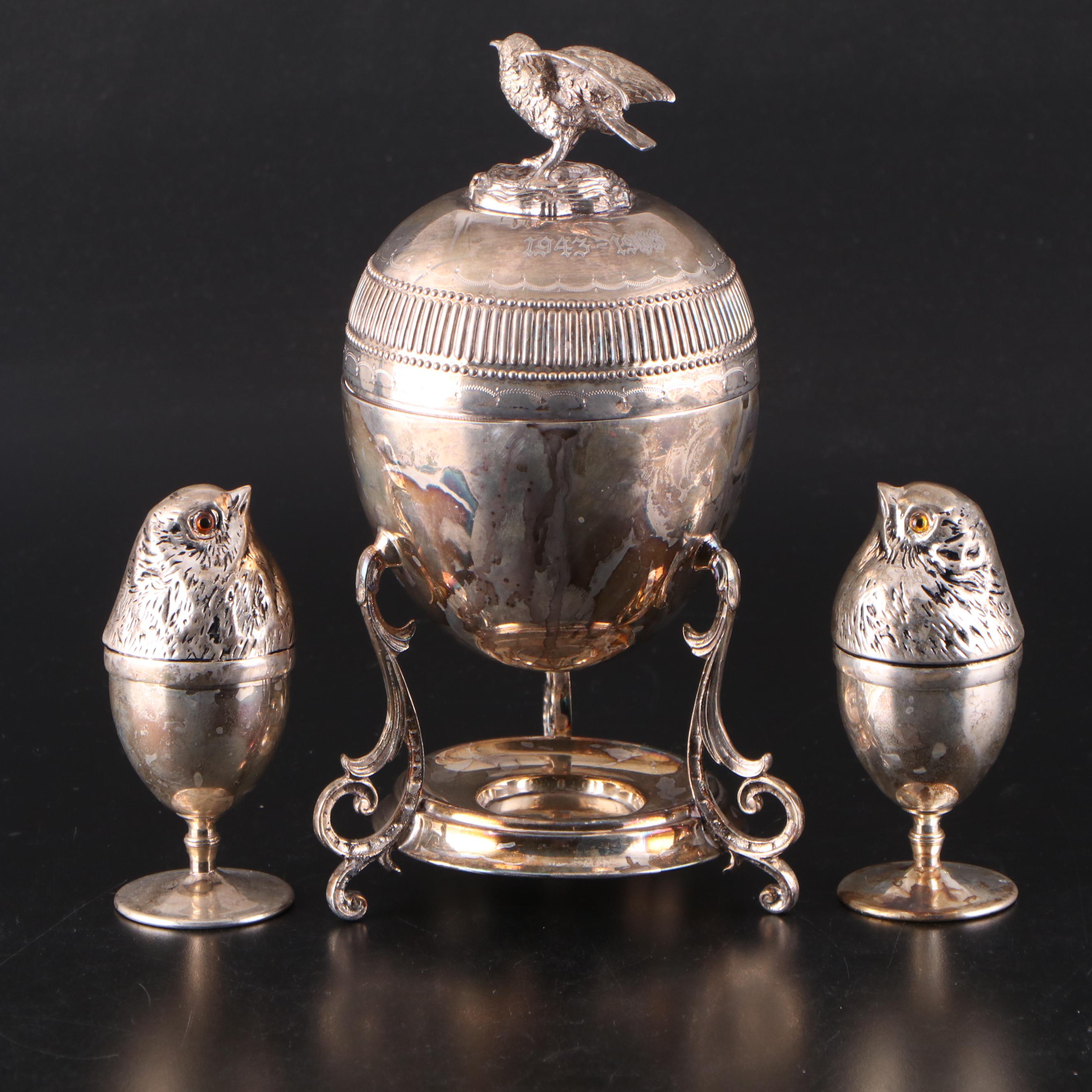Victorian Style Silver Plate Egg Coddler with Silver Plate Figural Egg Cups