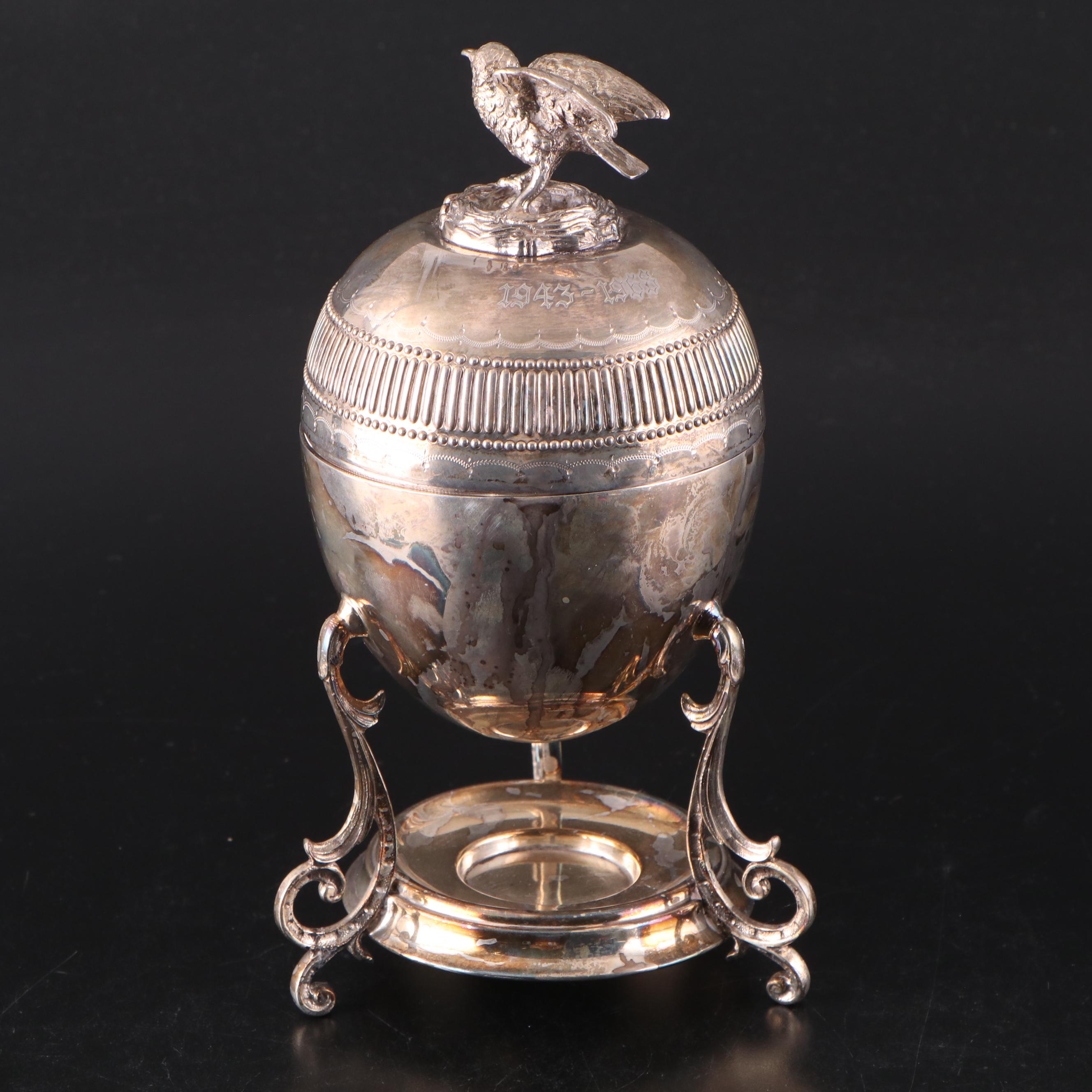 Victorian Style Silver Plate Egg Coddler with Silver Plate Figural Egg Cups
