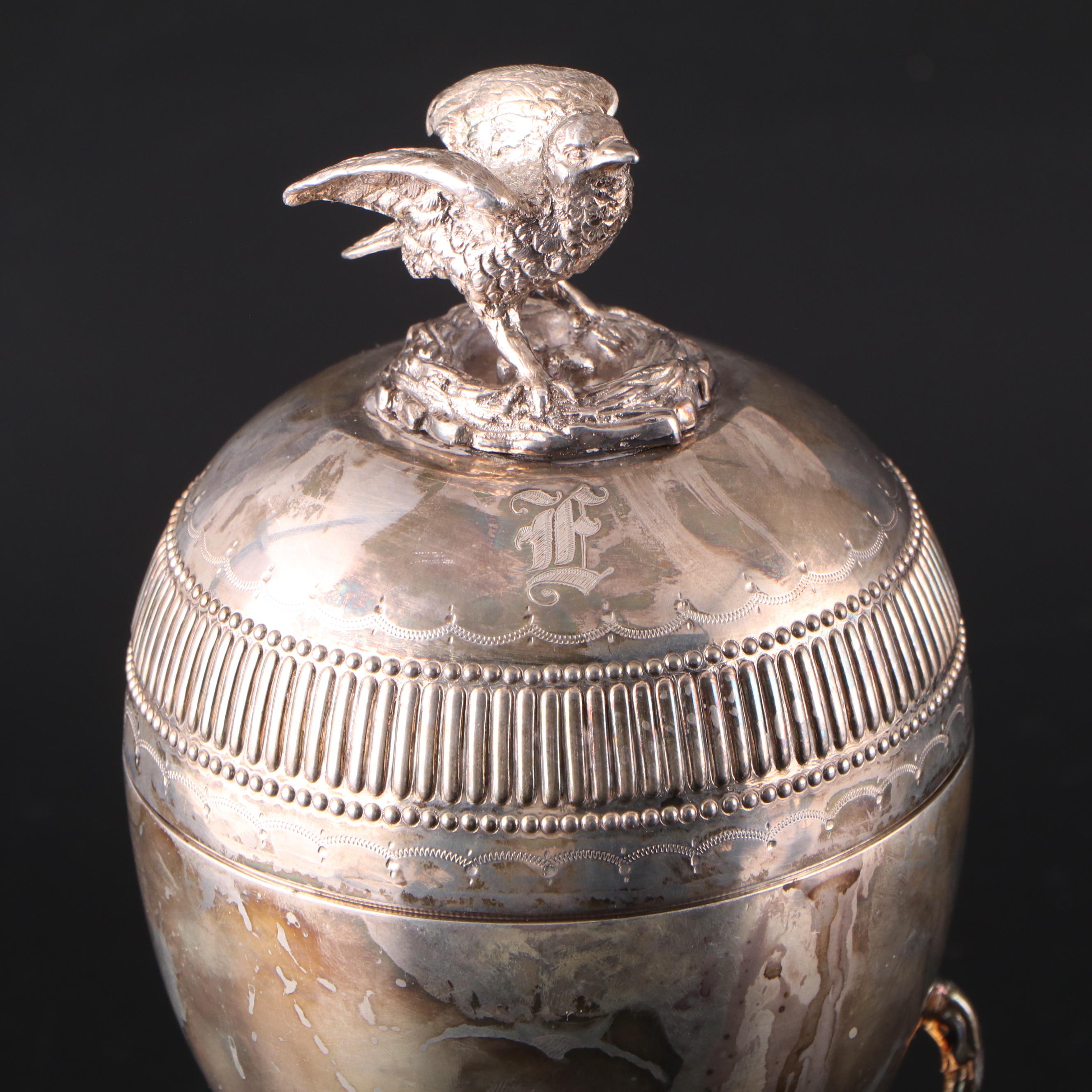 Victorian Style Silver Plate Egg Coddler with Silver Plate Figural Egg Cups