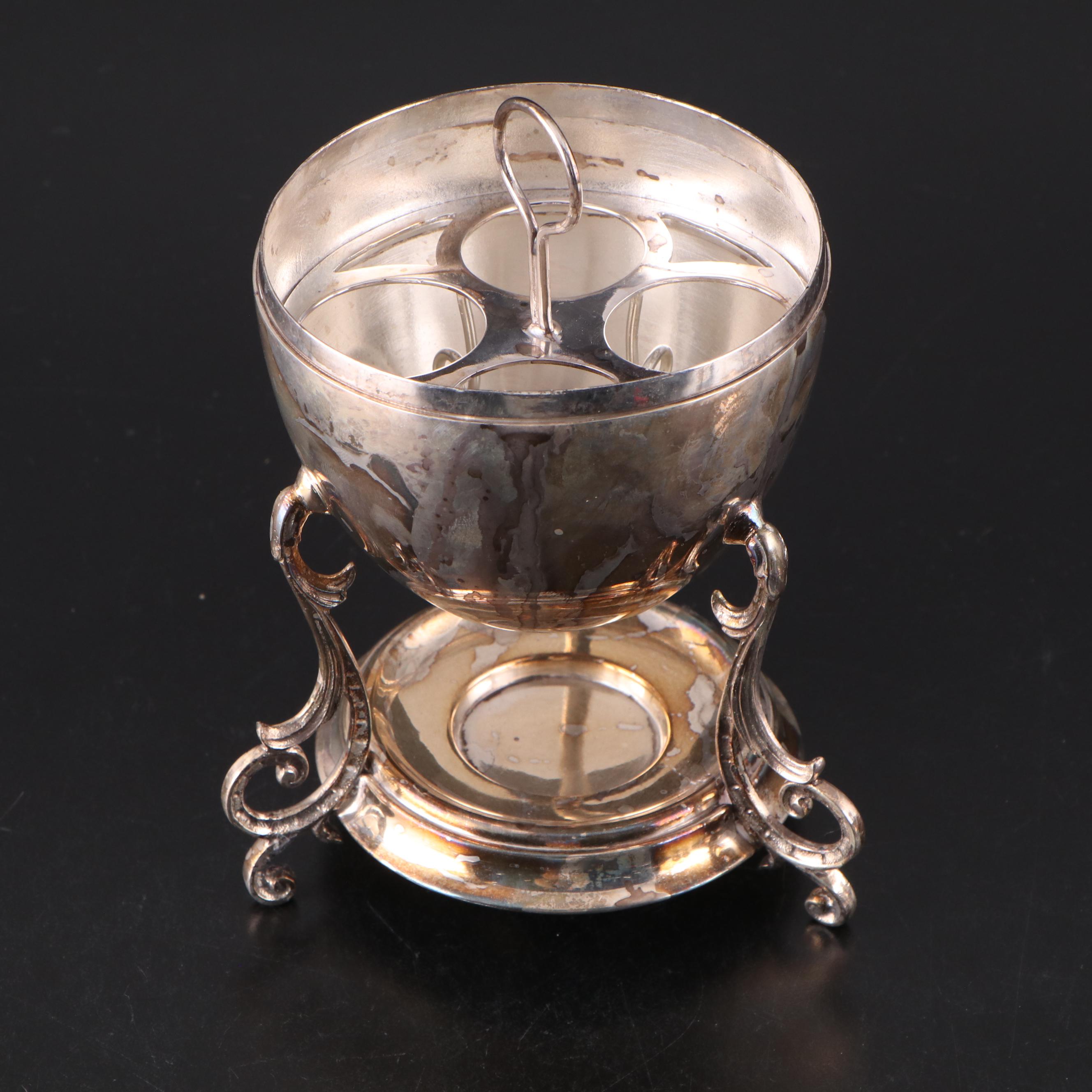 Victorian Style Silver Plate Egg Coddler with Silver Plate Figural Egg Cups