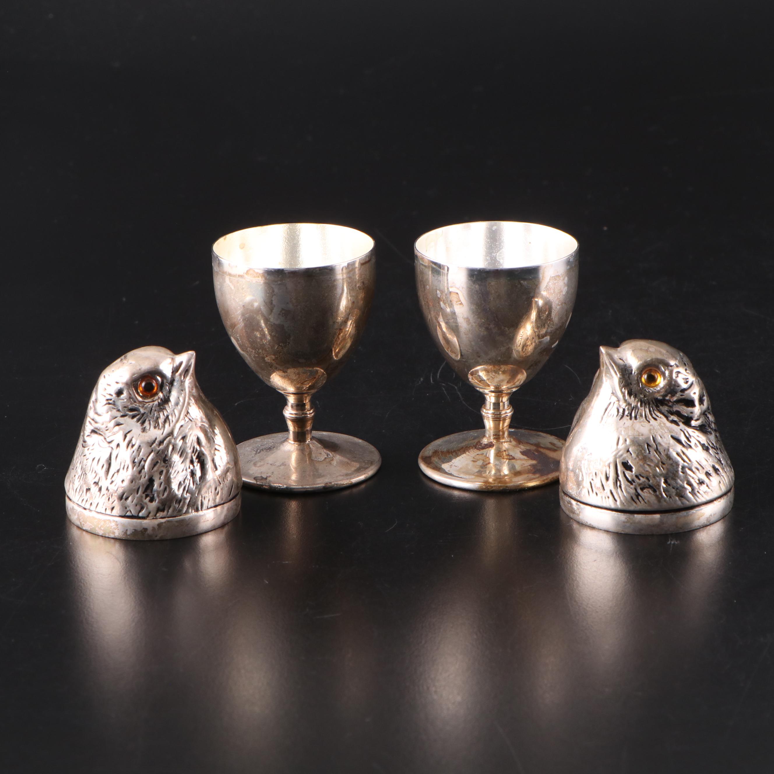 Victorian Style Silver Plate Egg Coddler with Silver Plate Figural Egg Cups