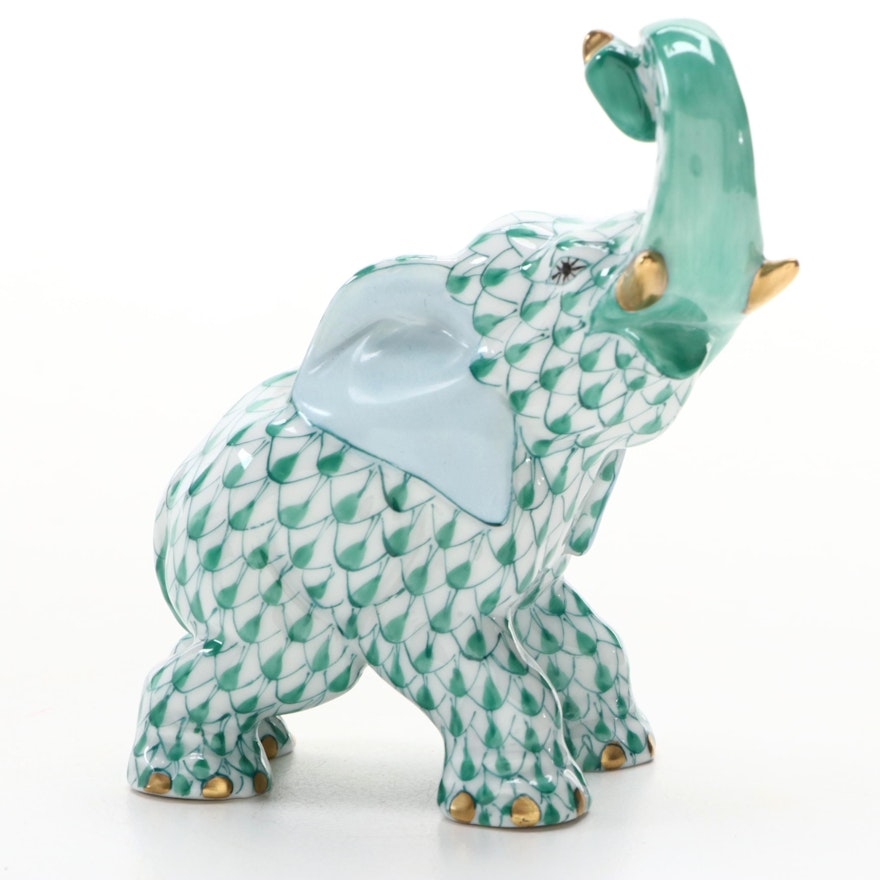 Herend Green Fishnet "Elephant Luck" Porcelain Figurine