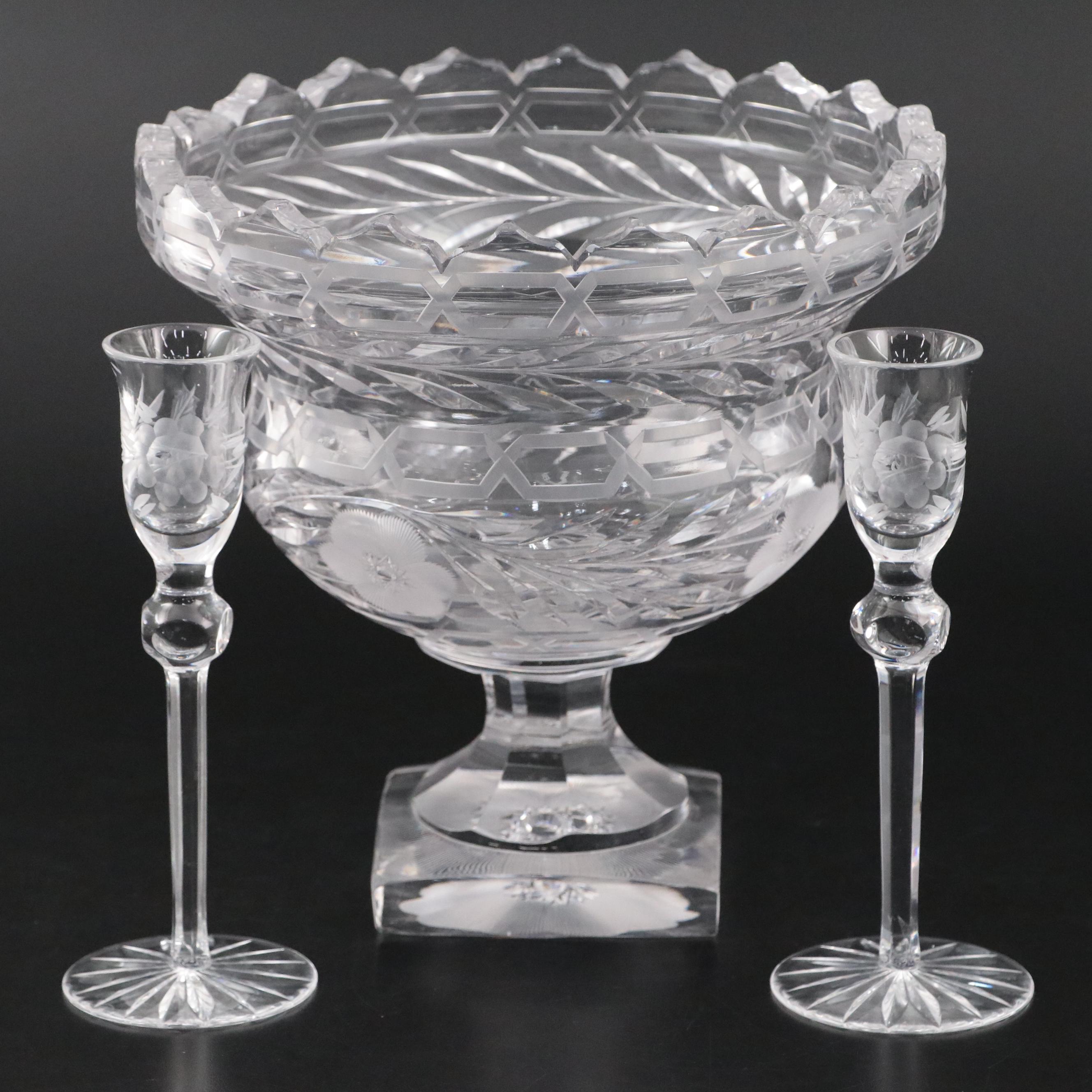 Floral Motif Crystal Pedestal Bowl with Etched Glass Candlesticks