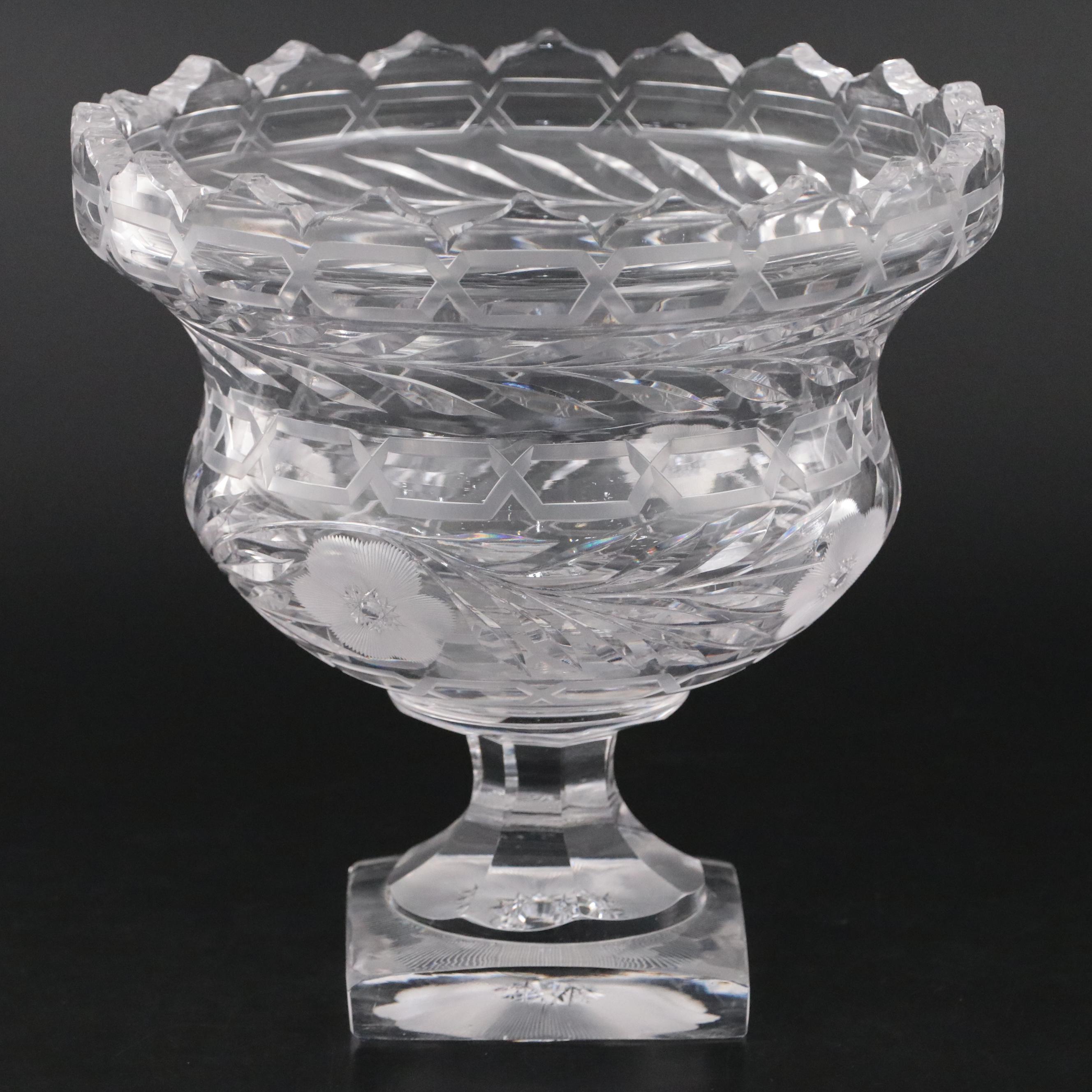 Floral Motif Crystal Pedestal Bowl with Etched Glass Candlesticks