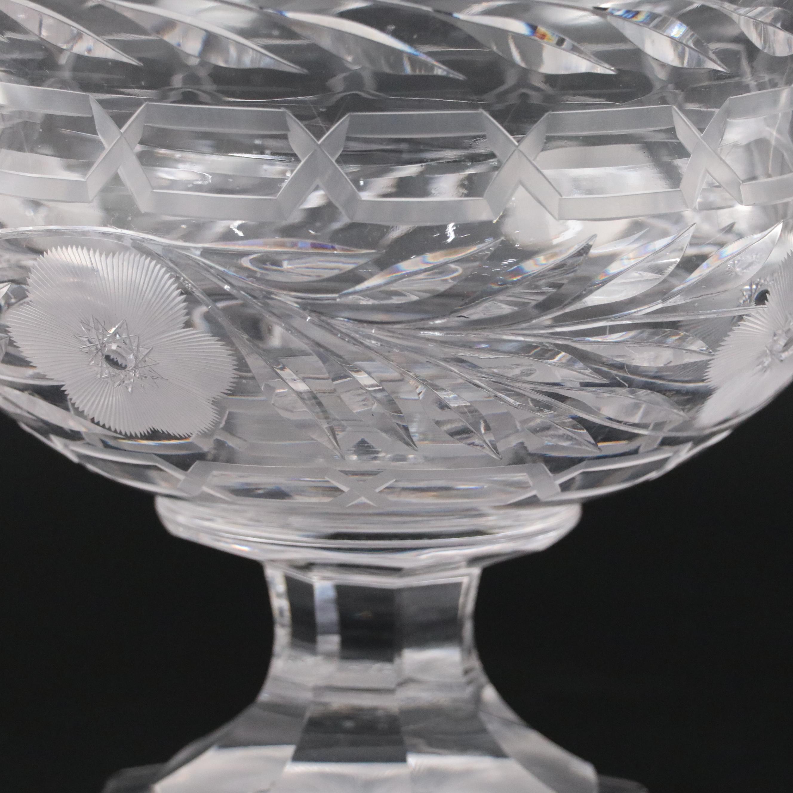 Floral Motif Crystal Pedestal Bowl with Etched Glass Candlesticks