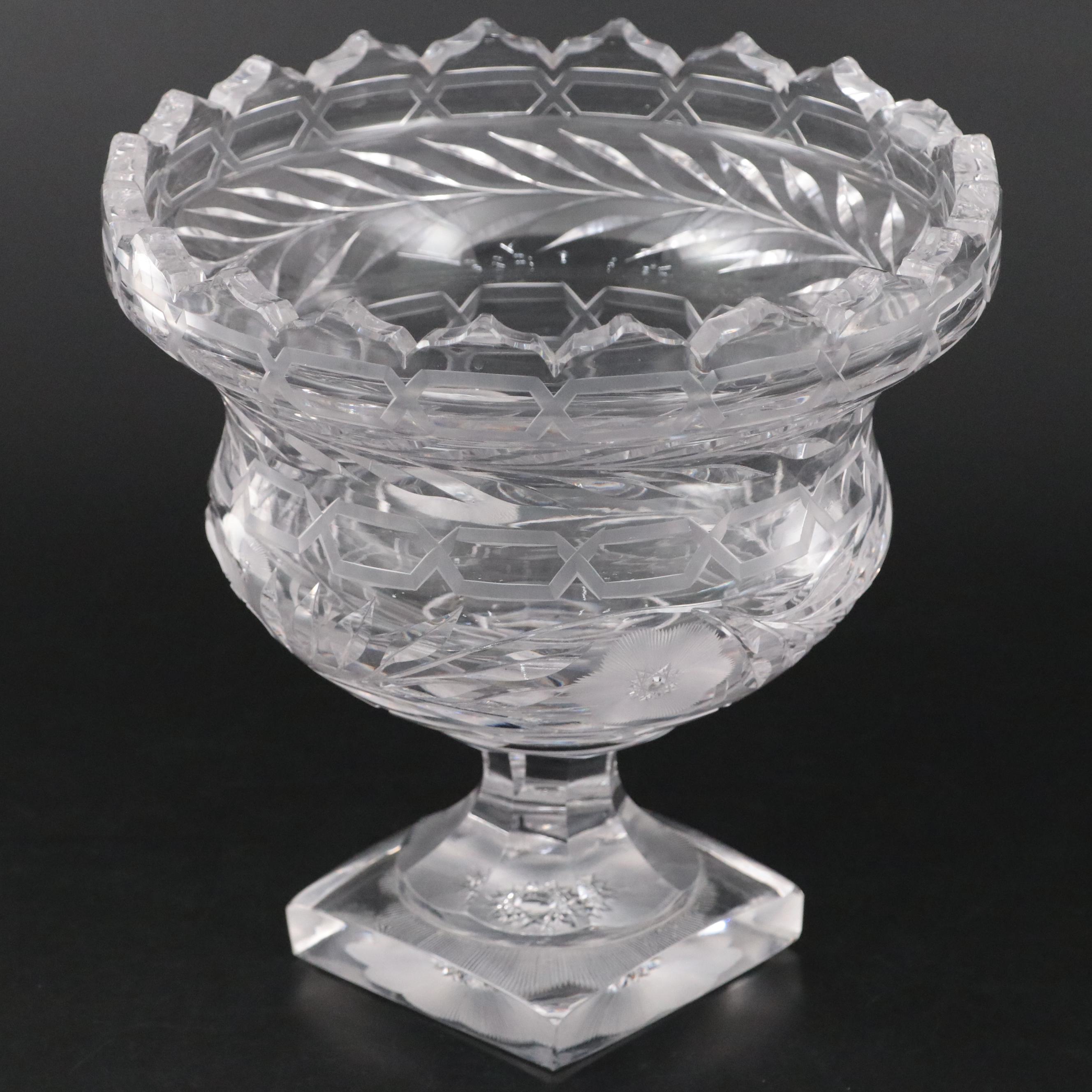 Floral Motif Crystal Pedestal Bowl with Etched Glass Candlesticks