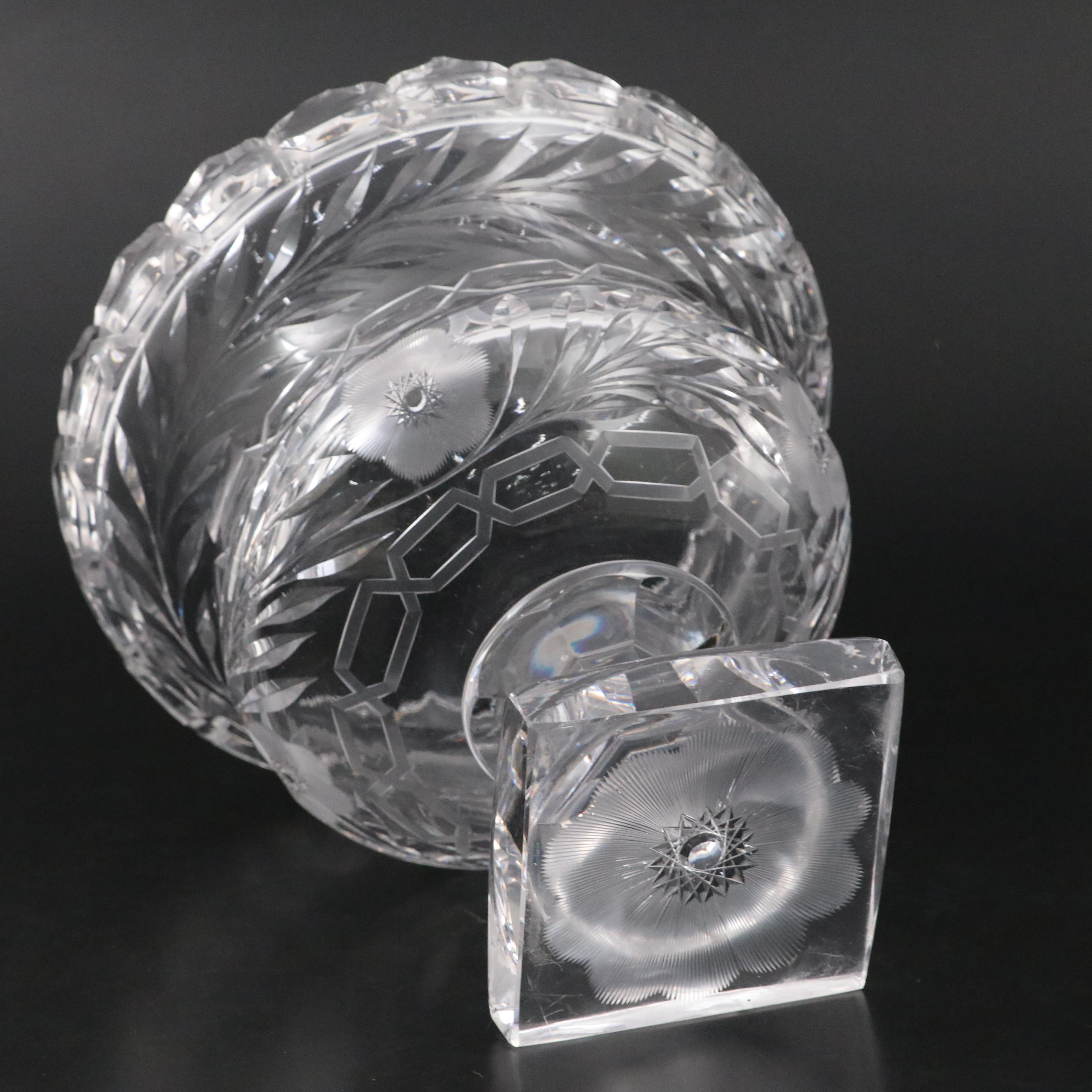 Floral Motif Crystal Pedestal Bowl with Etched Glass Candlesticks