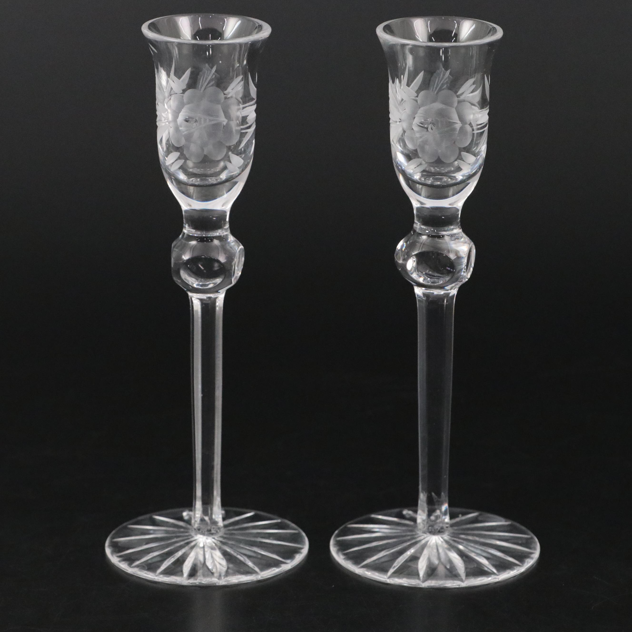 Floral Motif Crystal Pedestal Bowl with Etched Glass Candlesticks