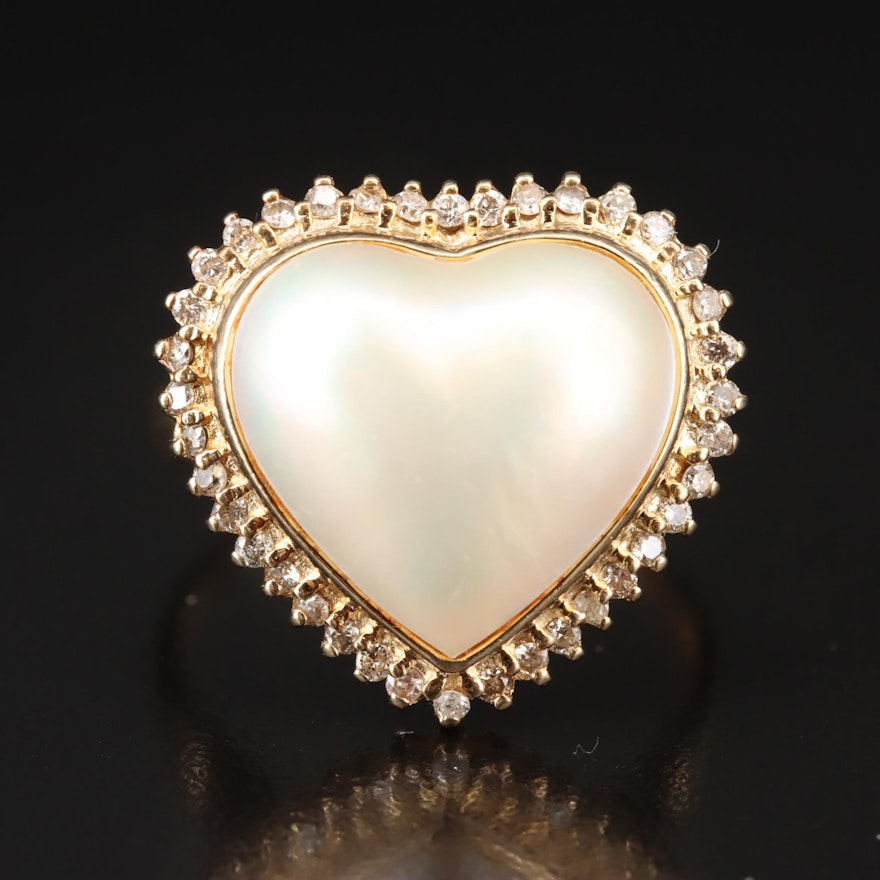 14K Mabe Pearl and Diamond Heart Ring