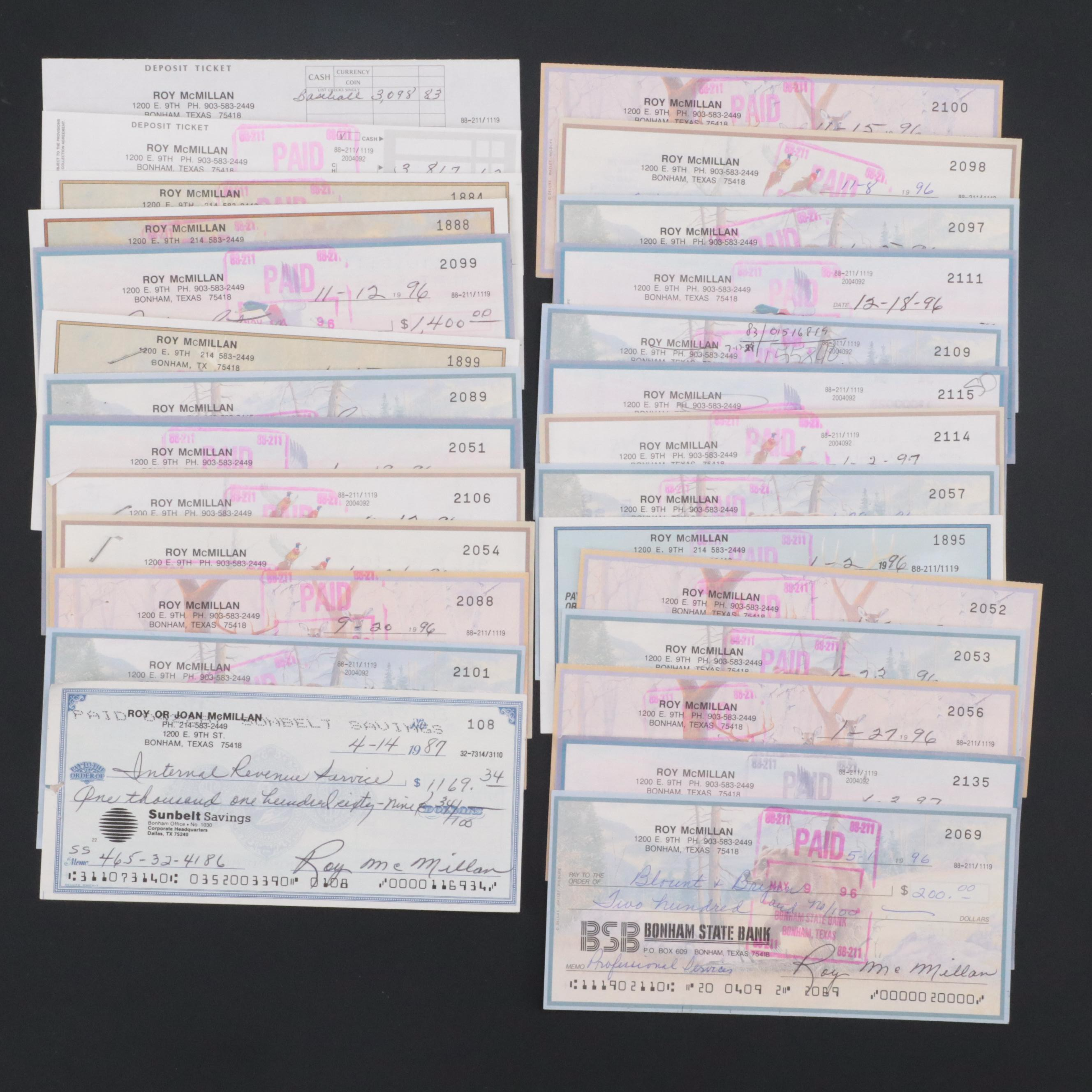 Roy McMillan Signed Personal Checks, Late 20th Century