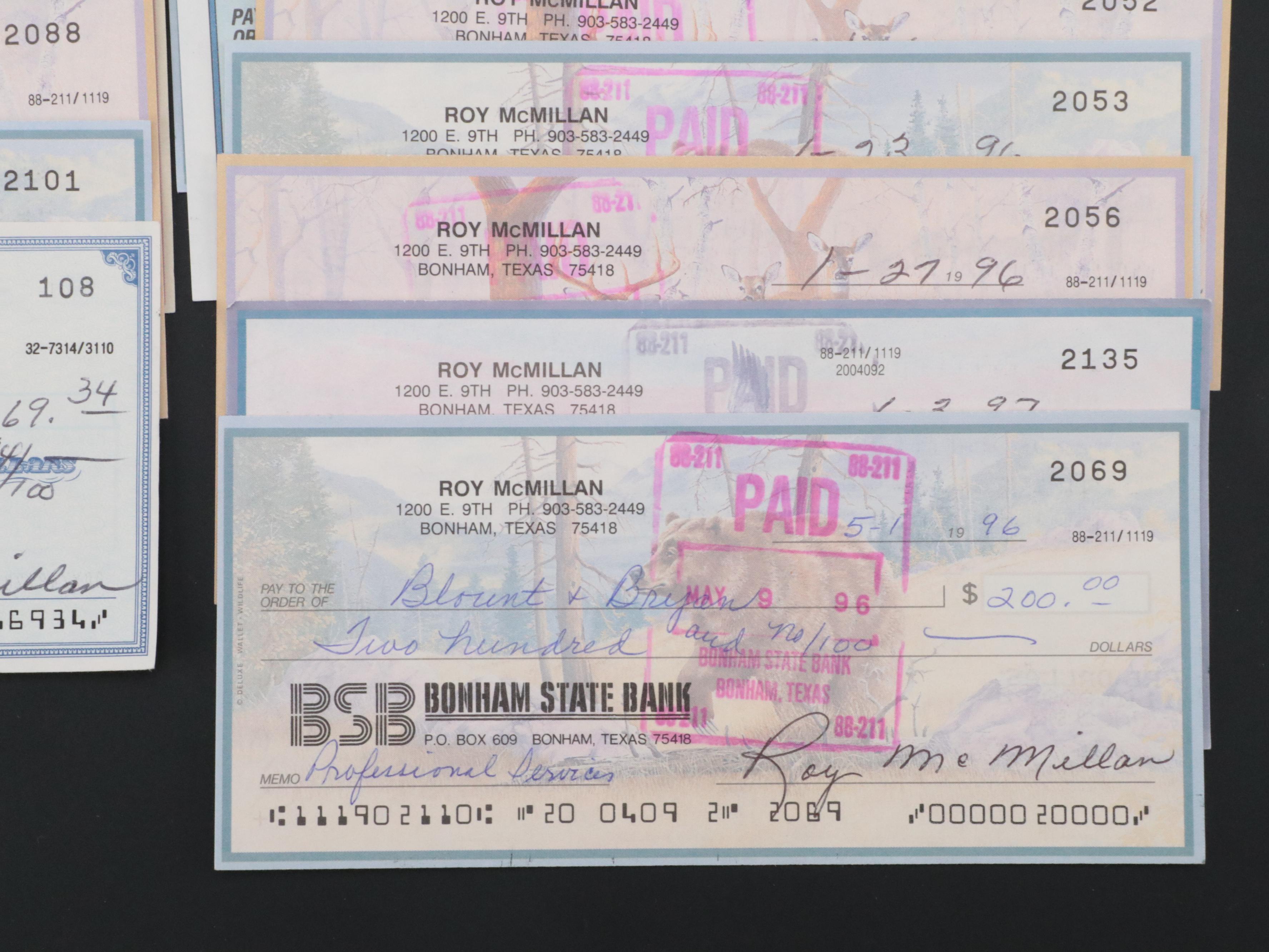 Roy McMillan Signed Personal Checks, Late 20th Century