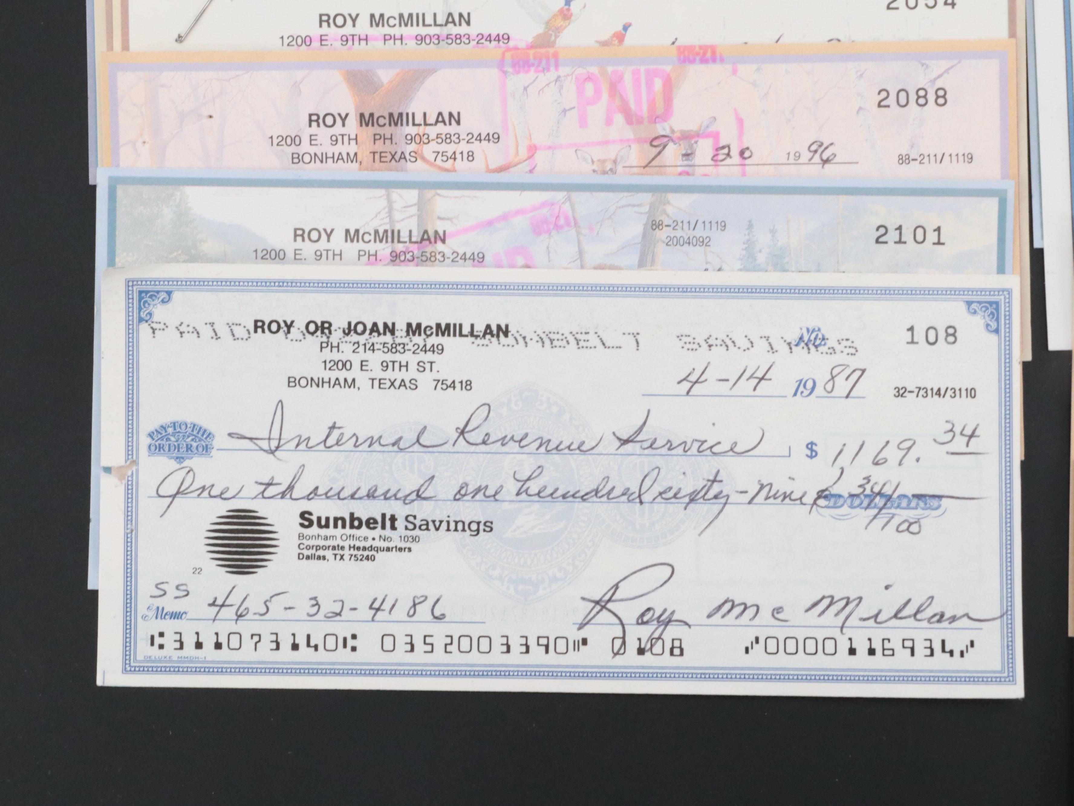Roy McMillan Signed Personal Checks, Late 20th Century