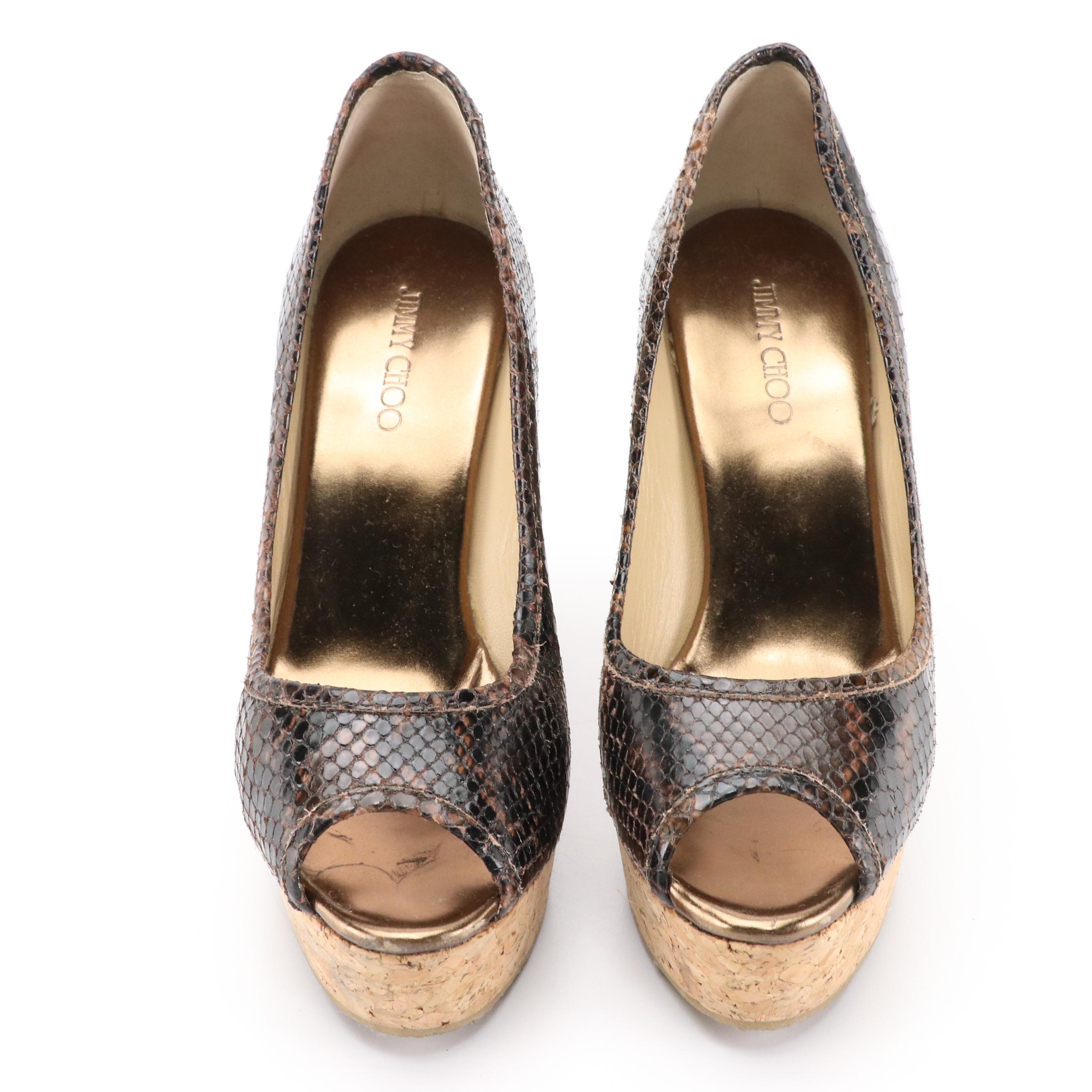 Jimmy Choo Pepina Peep-Toe Cork Wedges in Snake Embossed Leather