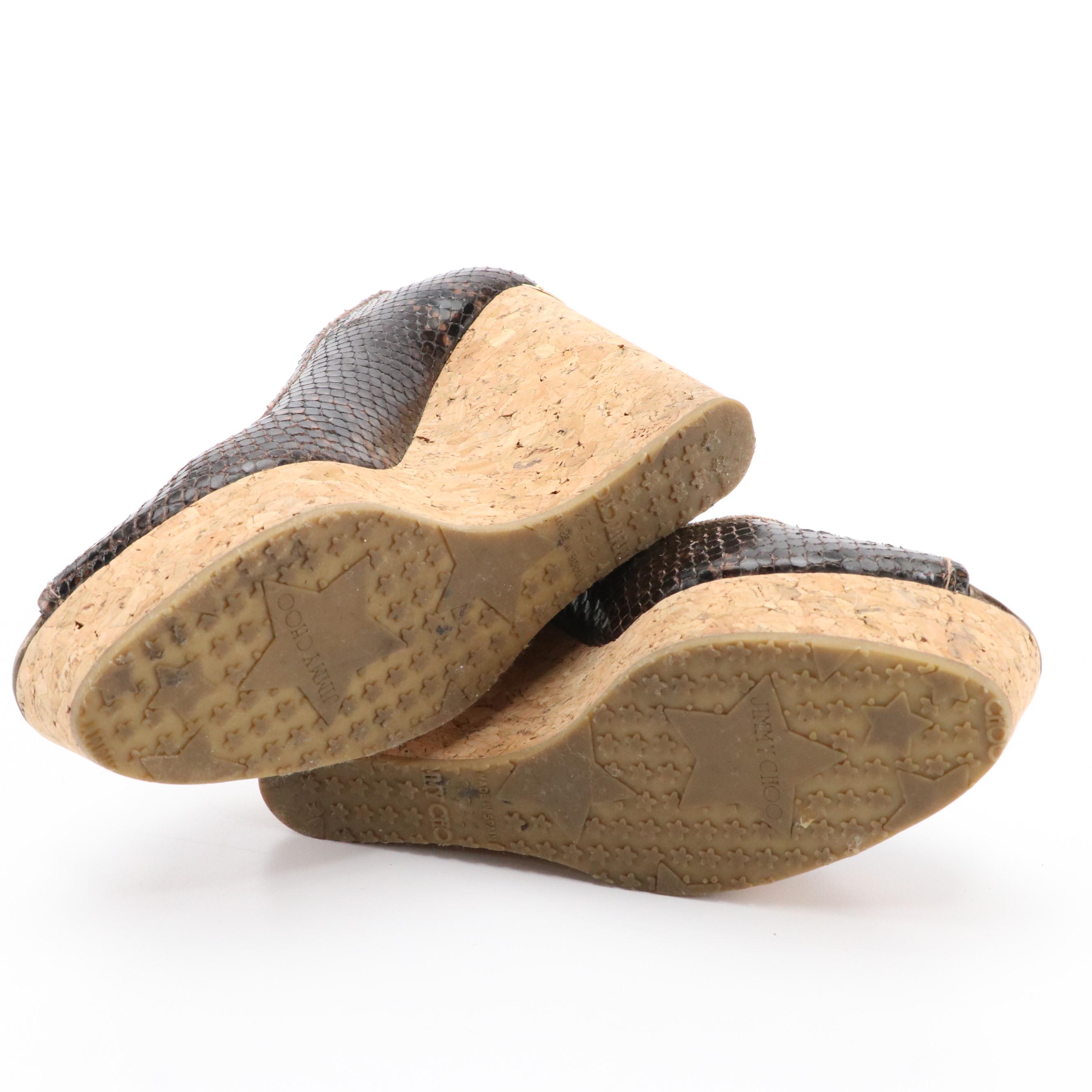 Jimmy Choo Pepina Peep-Toe Cork Wedges in Snake Embossed Leather