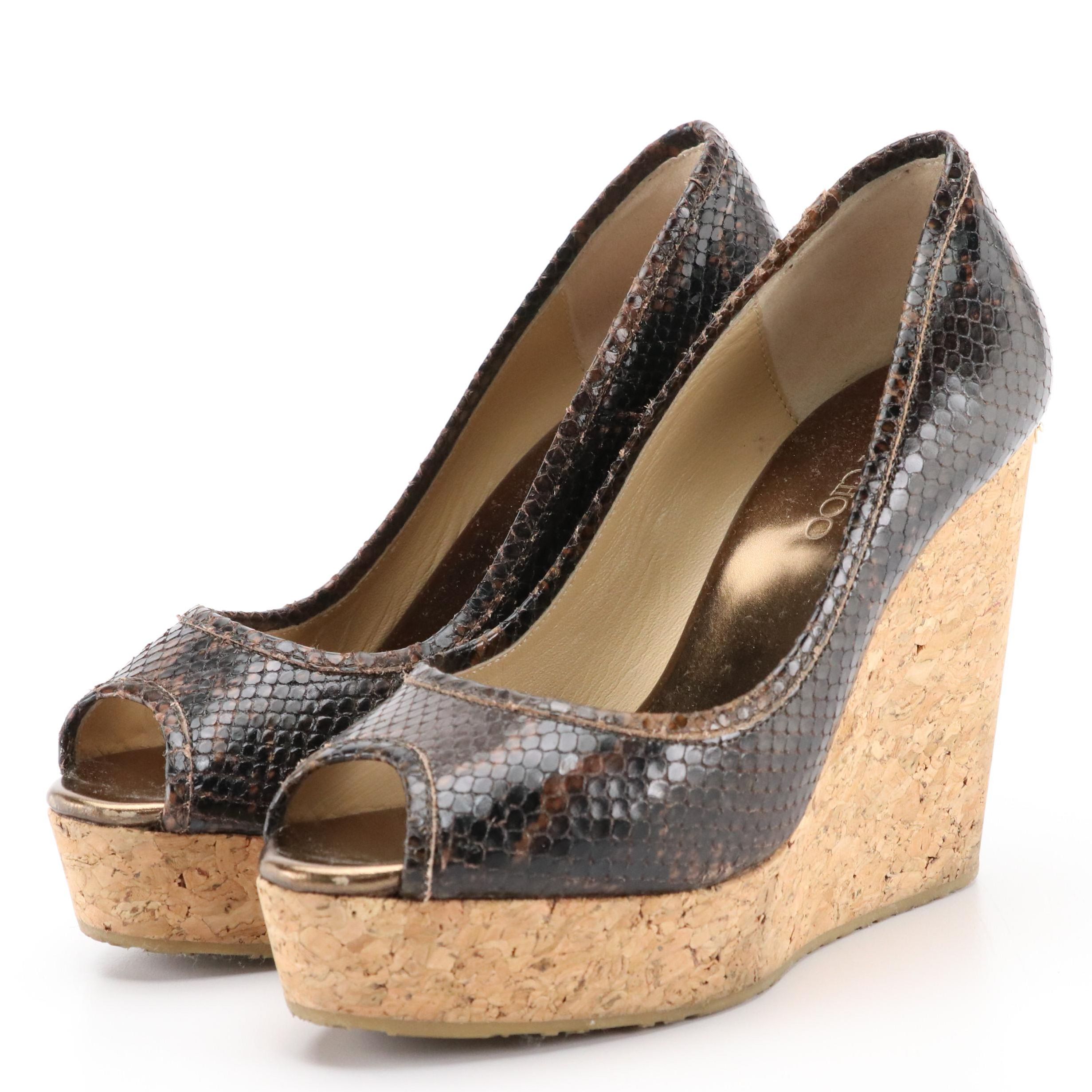 Jimmy Choo Pepina Peep-Toe Cork Wedges in Snake Embossed Leather