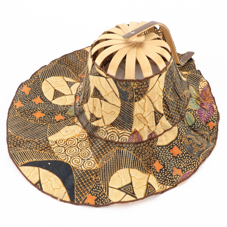 Foldable Fan Sun Hat in Bamboo and Patterned Cotton Fabric