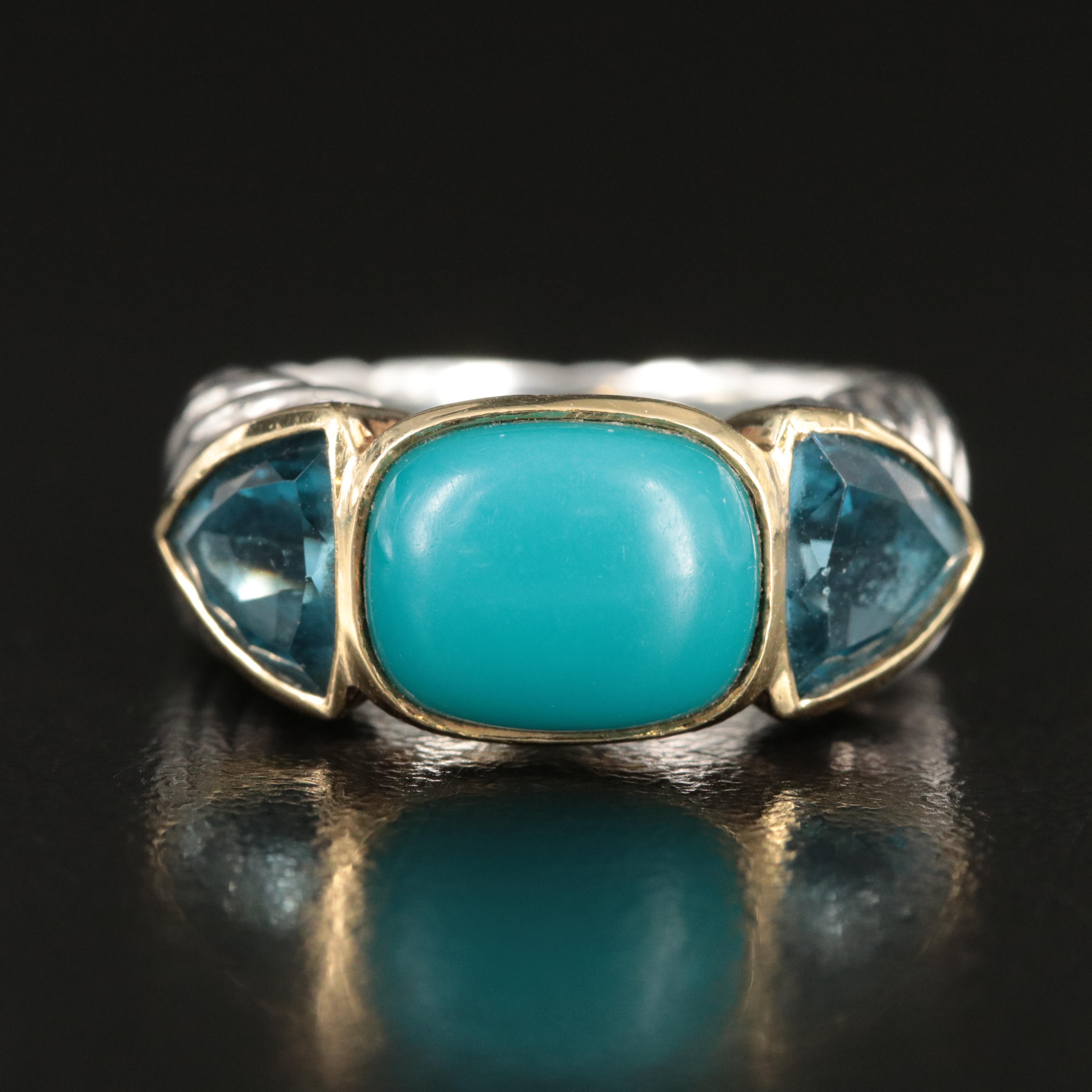 David Yurman Sterling, 18K Turquoise and Blue Topaz Sculpted Cable Ring