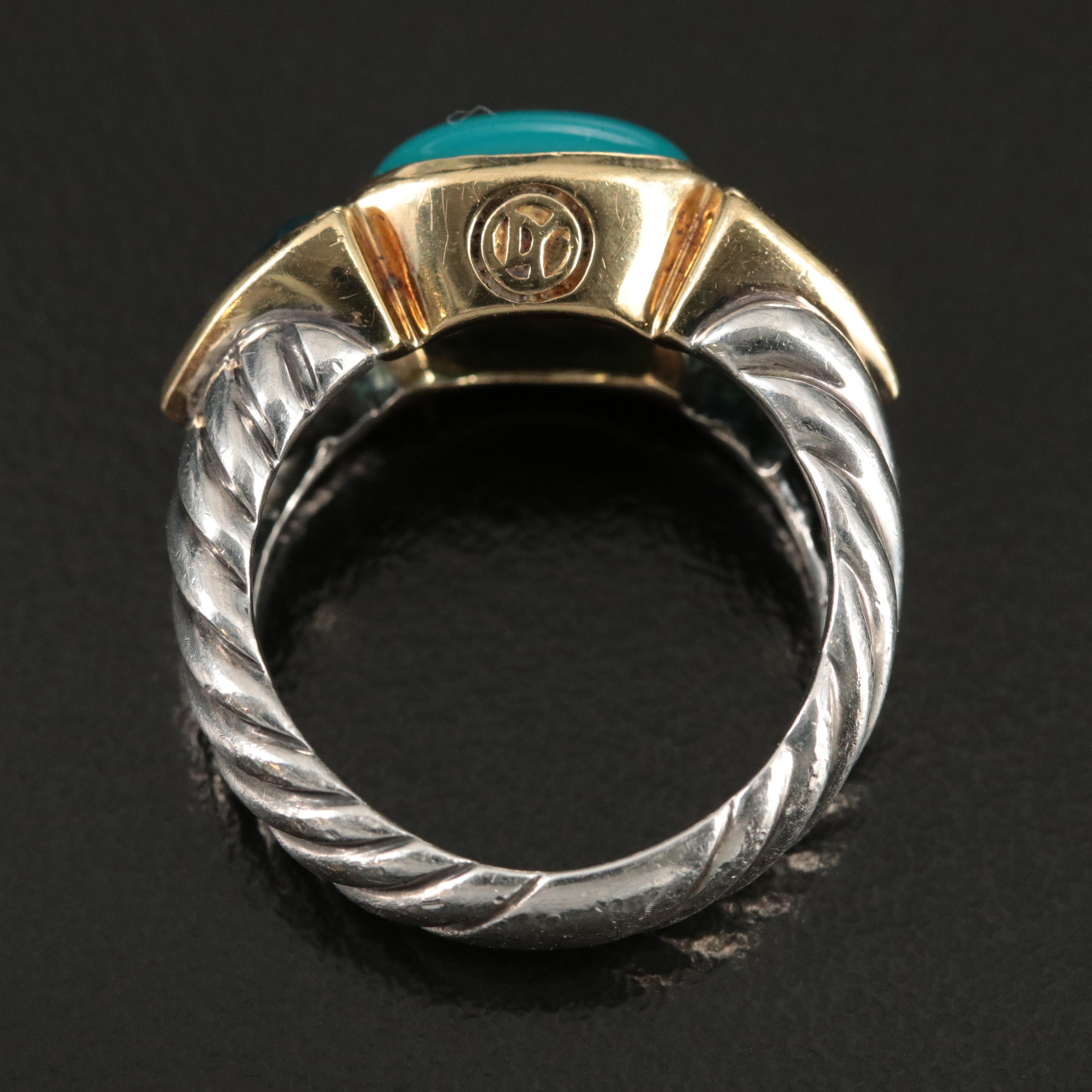 David Yurman Sterling, 18K Turquoise and Blue Topaz Sculpted Cable Ring