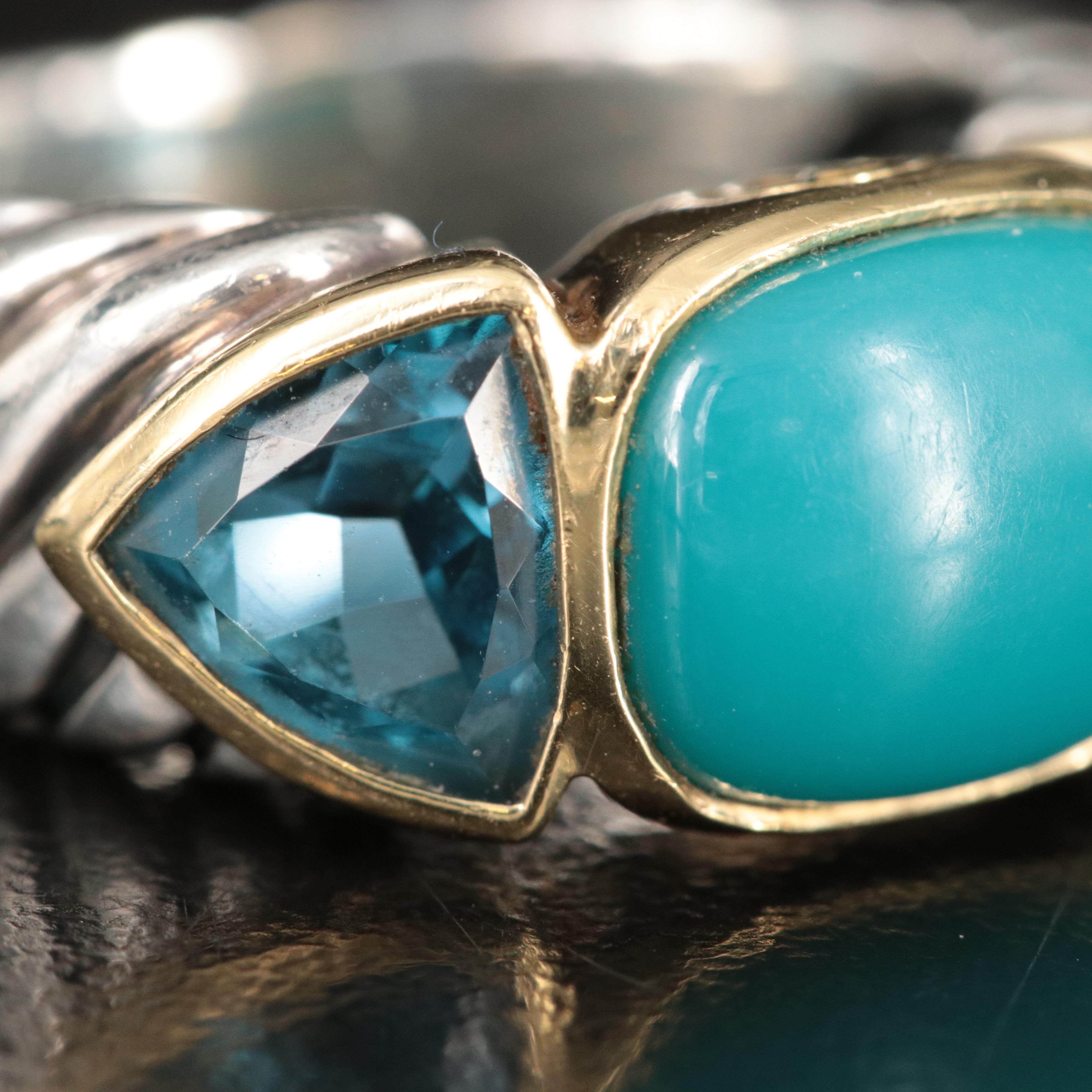 David Yurman Sterling, 18K Turquoise and Blue Topaz Sculpted Cable Ring