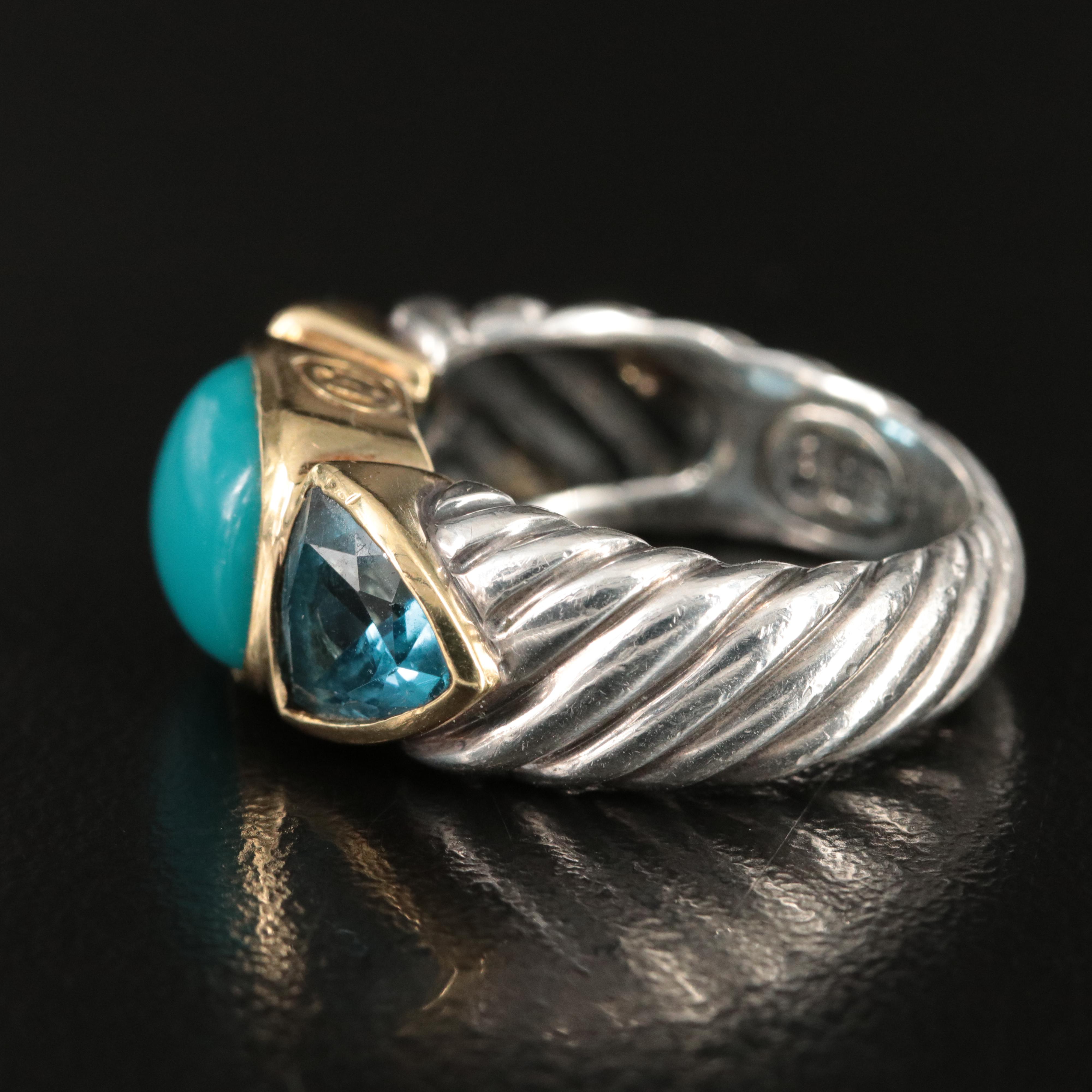 David Yurman Sterling, 18K Turquoise and Blue Topaz Sculpted Cable Ring