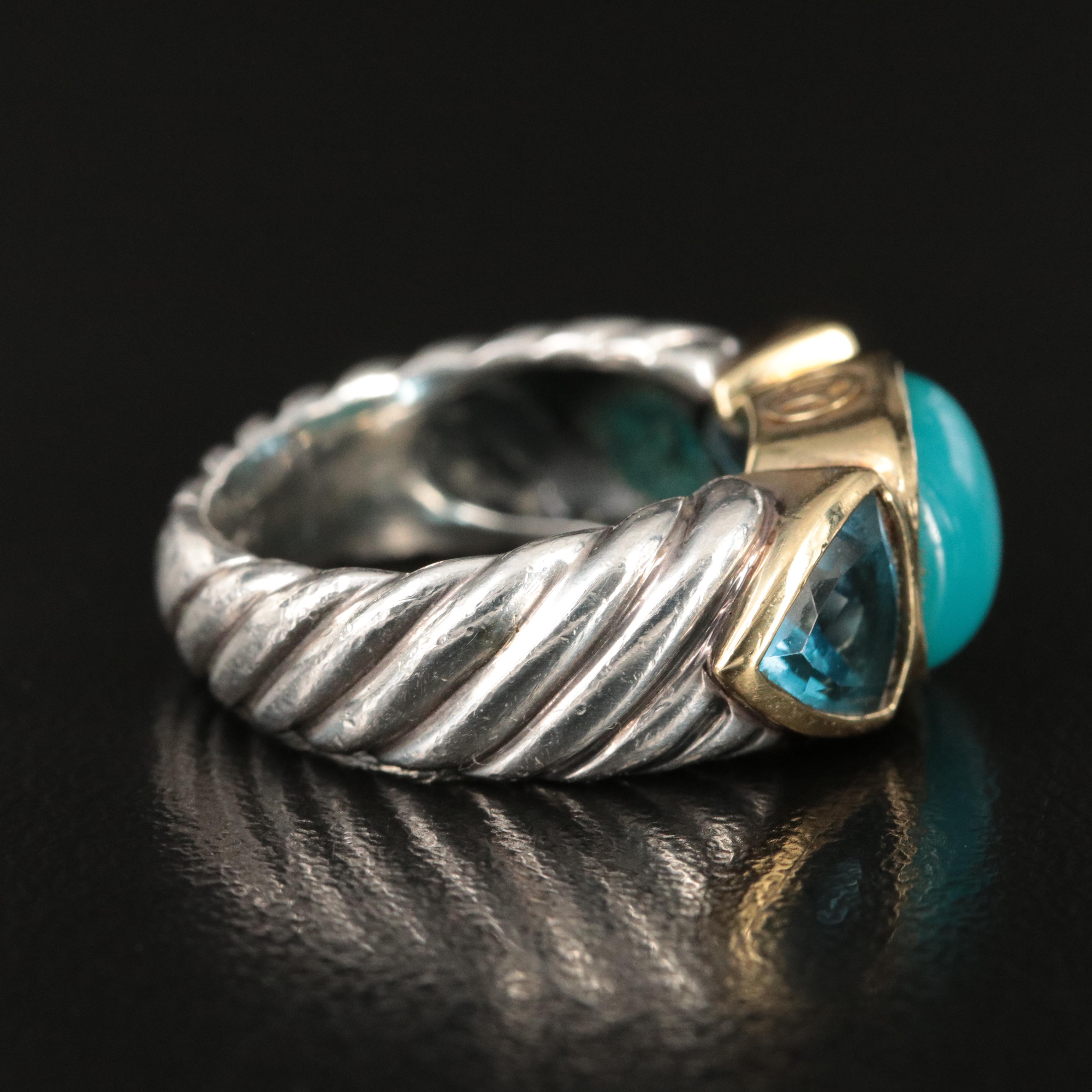 David Yurman Sterling, 18K Turquoise and Blue Topaz Sculpted Cable Ring