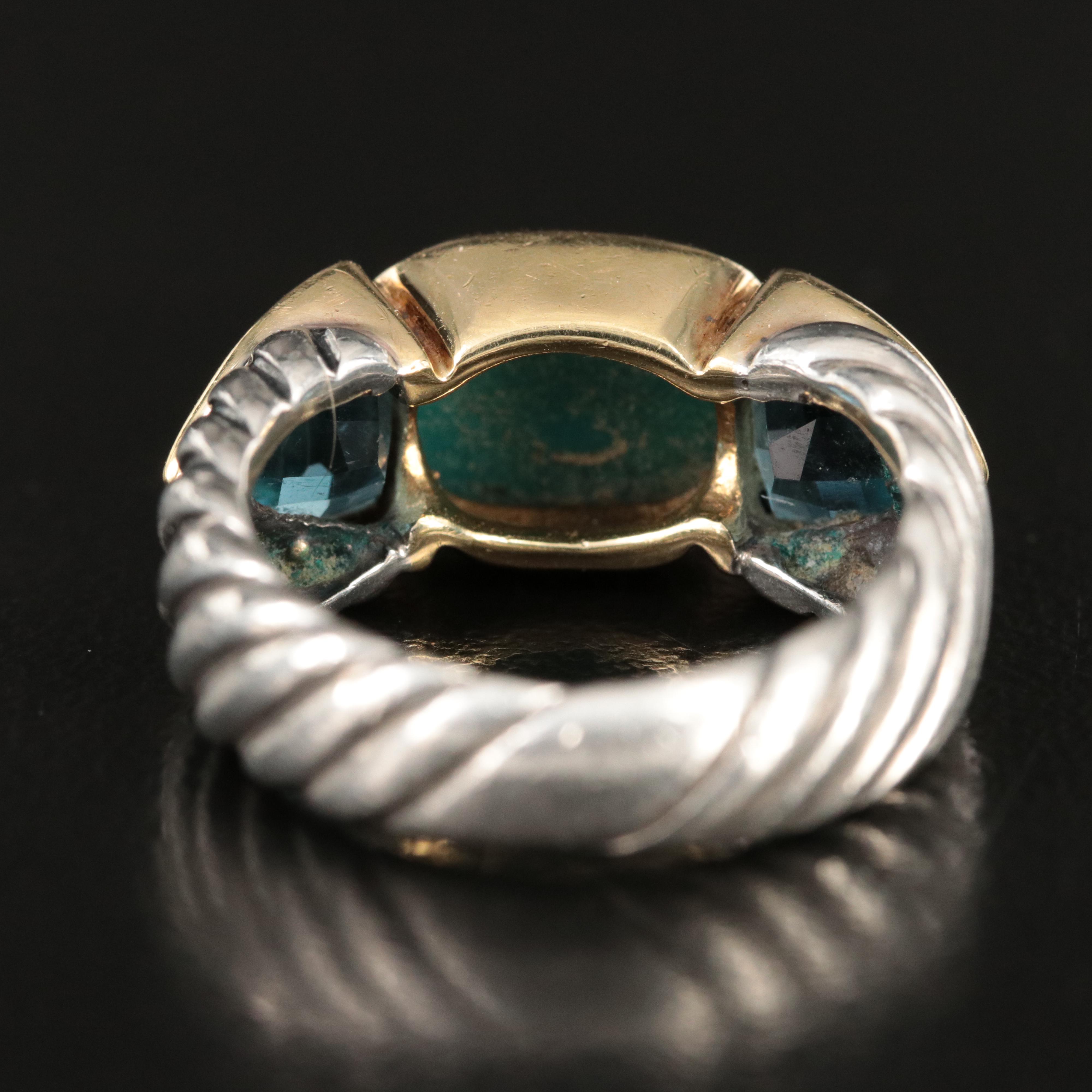 David Yurman Sterling, 18K Turquoise and Blue Topaz Sculpted Cable Ring