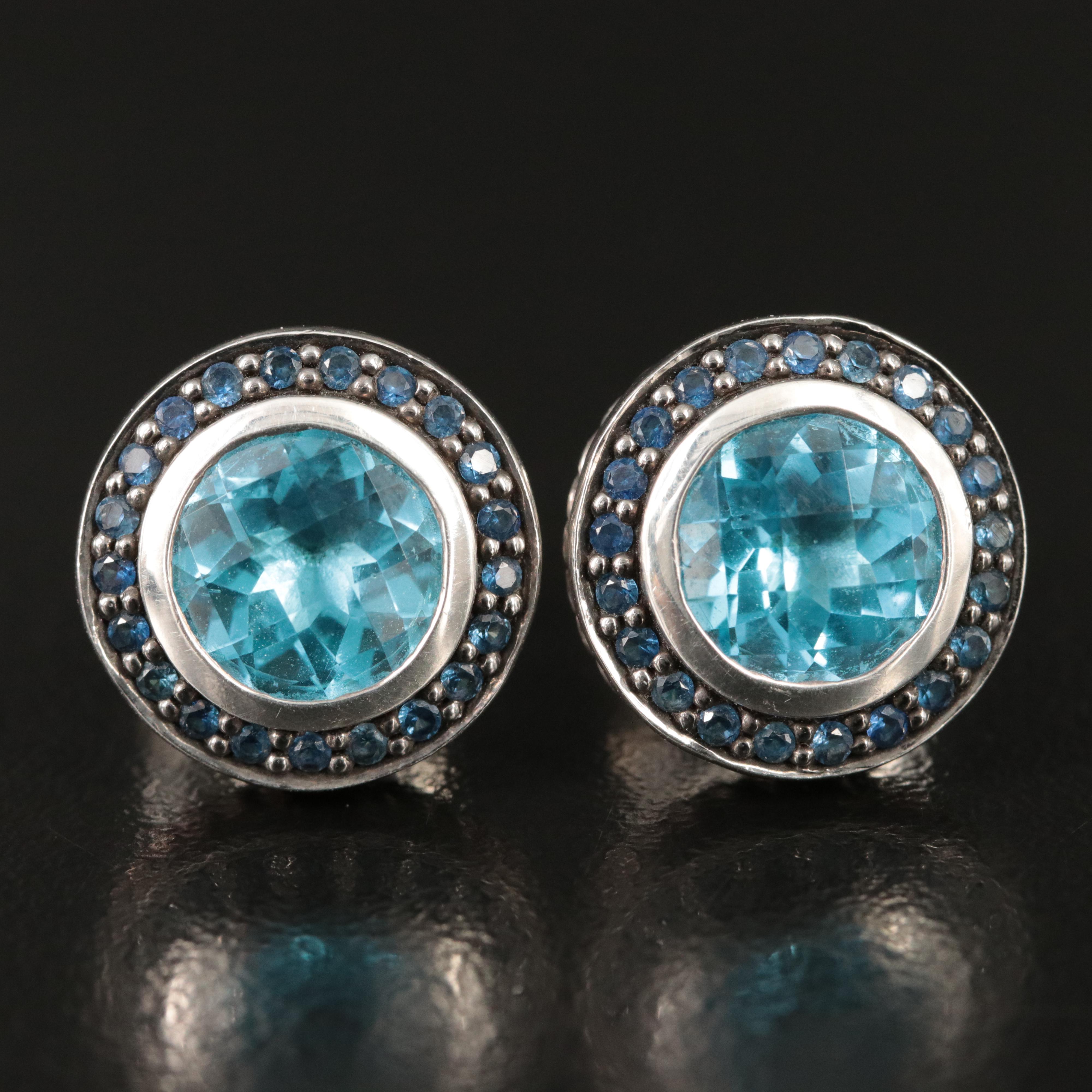 David Yurman Sterling Blue Topaz and Sapphire Halo Earrings