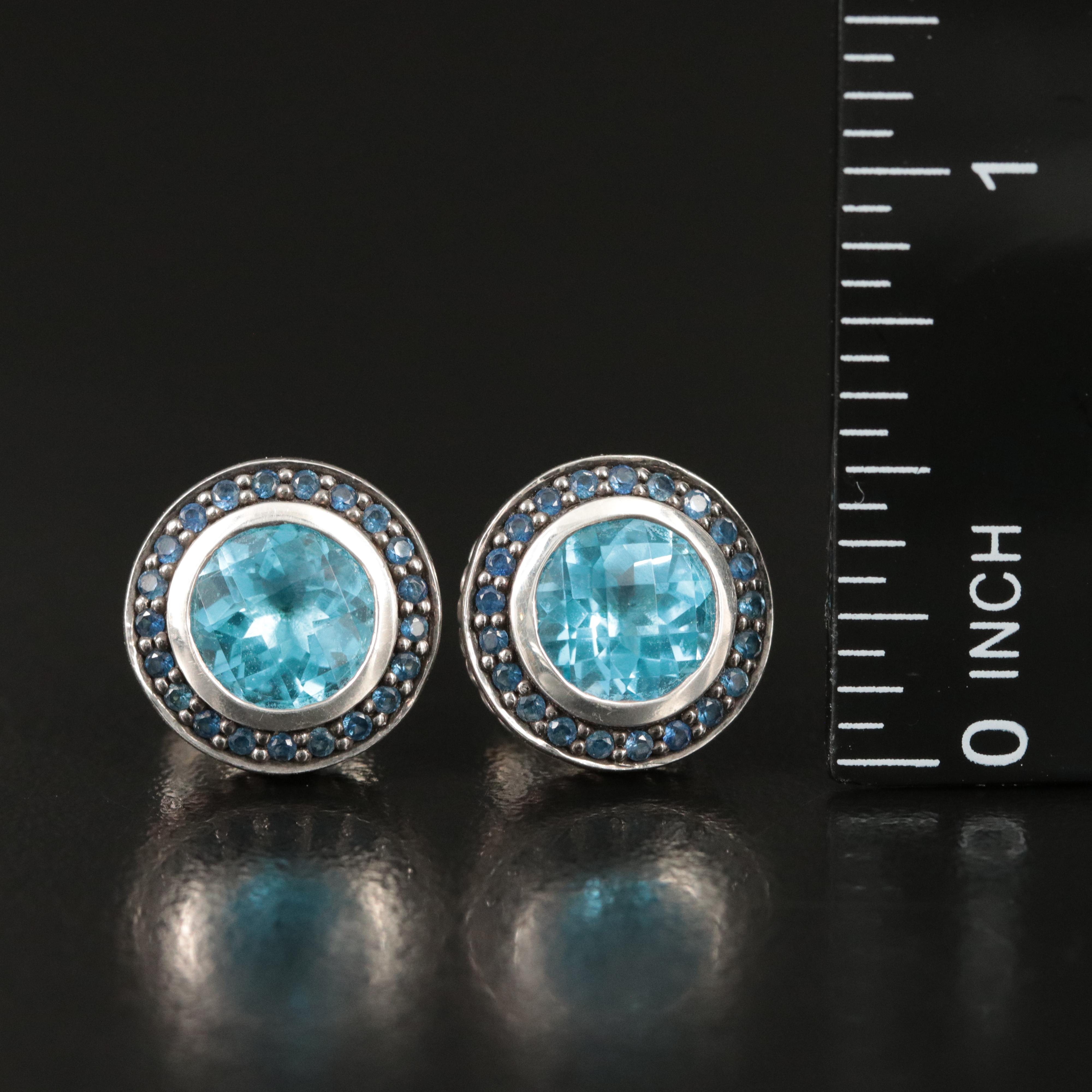 David Yurman Sterling Blue Topaz and Sapphire Halo Earrings