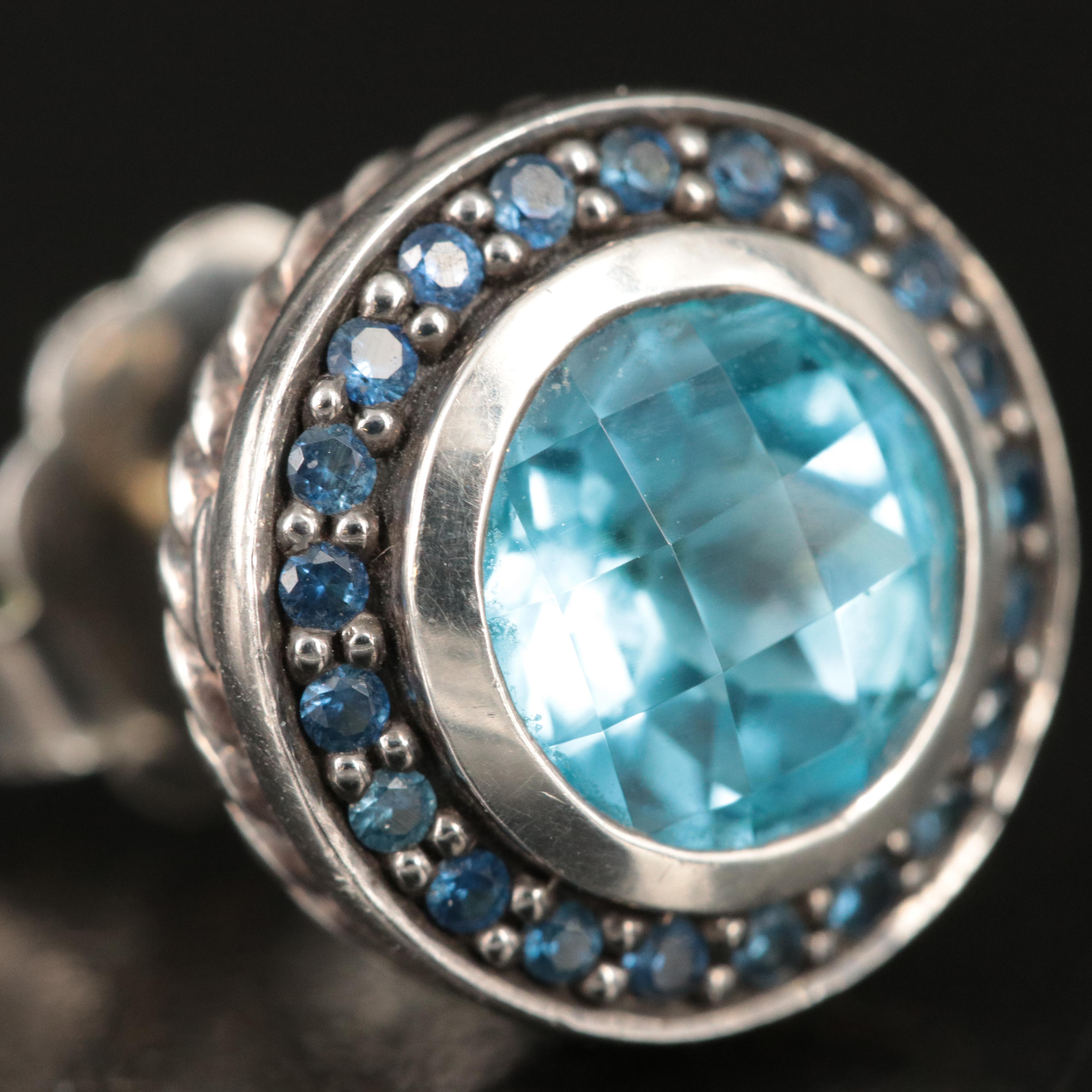 David Yurman Sterling Blue Topaz and Sapphire Halo Earrings