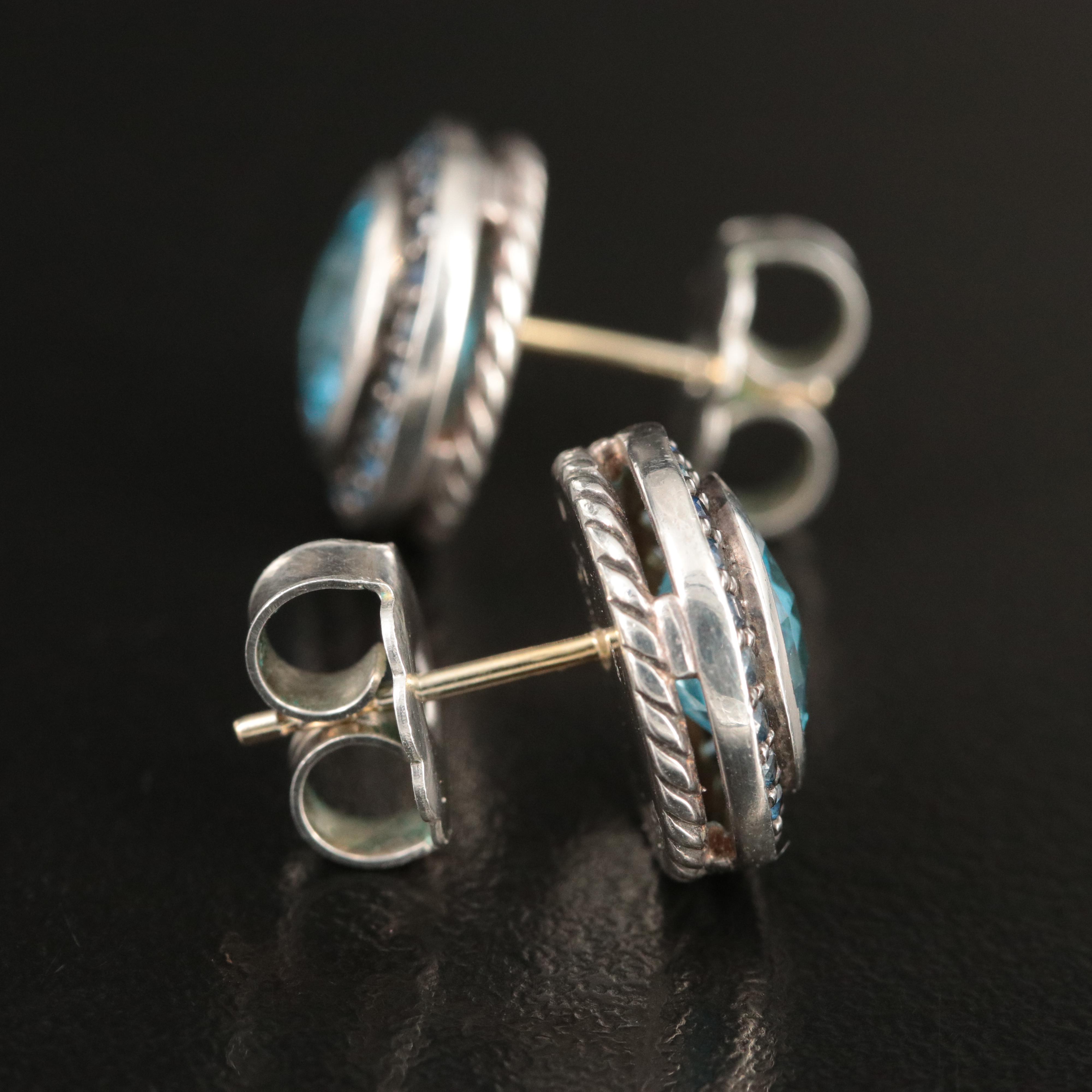 David Yurman Sterling Blue Topaz and Sapphire Halo Earrings