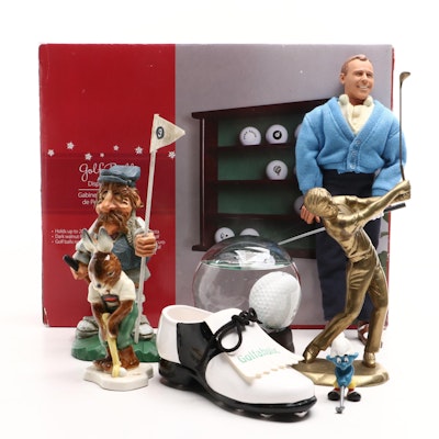 Goebel and Other Golfing Figurines, Golf Ball Display, Doll and Snow Globe