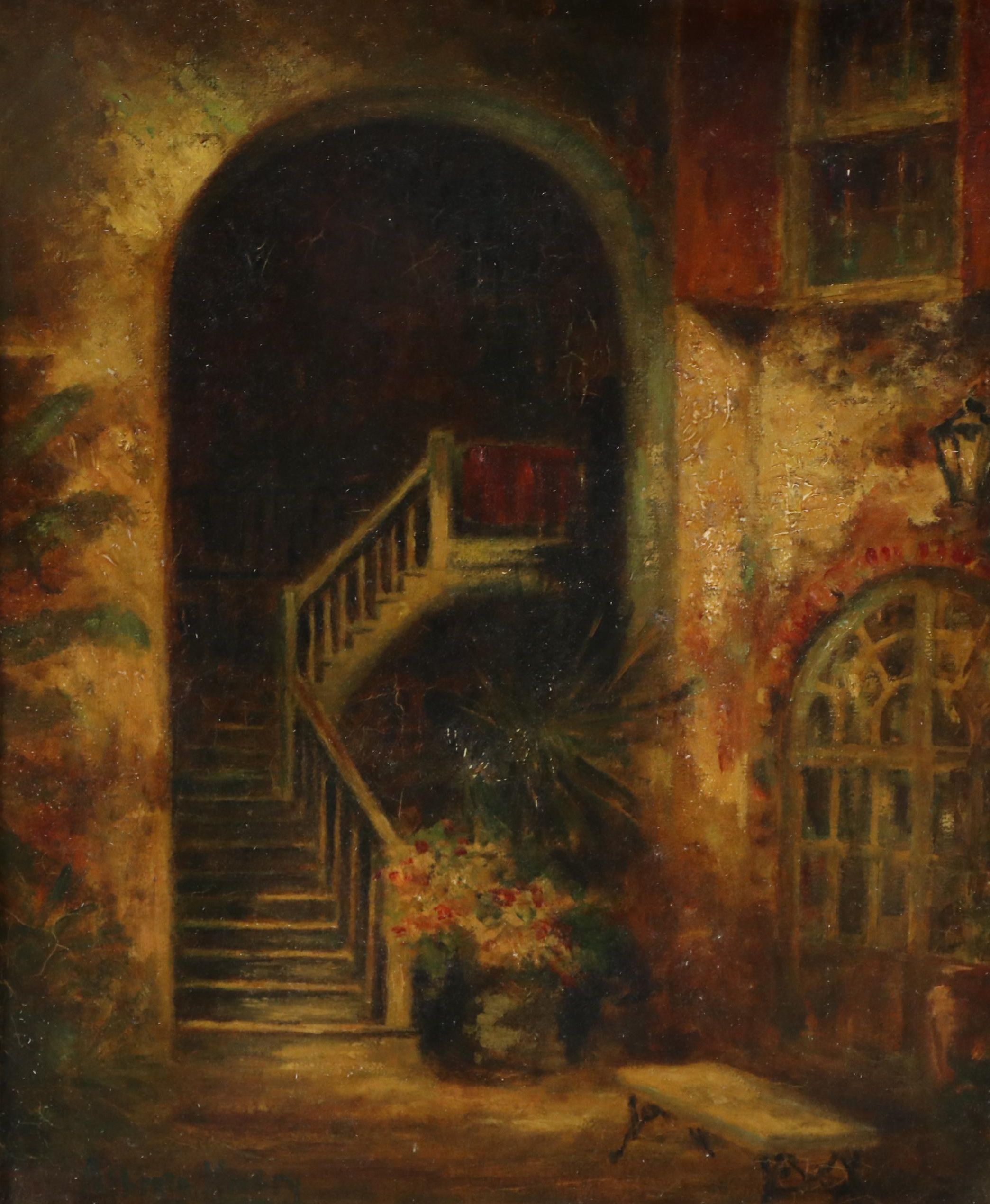 Alberta Kinsey Oil Painting of Courtyard With Stairwell