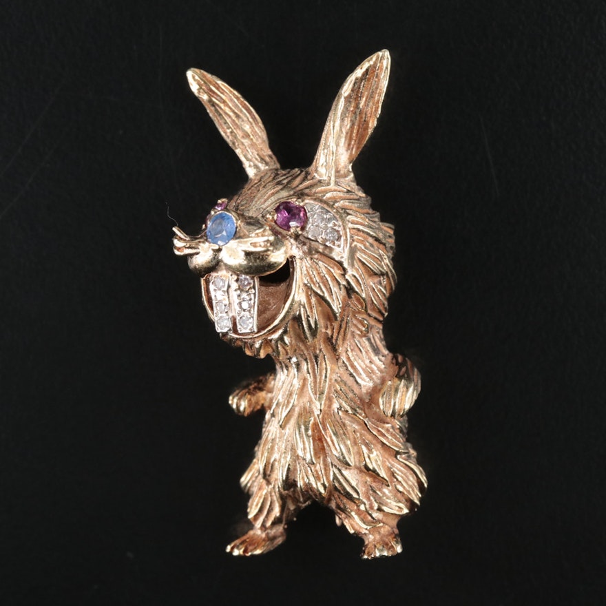 Vintage 14K Sapphire, Ruby and Diamond Rabbit Brooch
