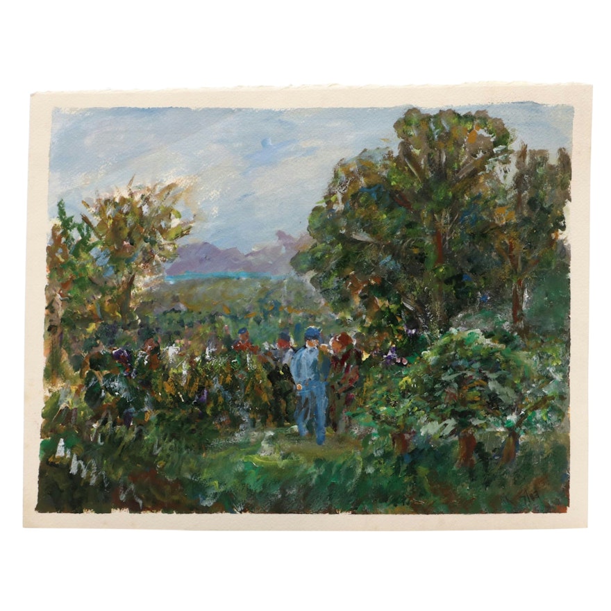 Deborah Kriger Oil Painting of Landscape with Figures, Late 20th Century