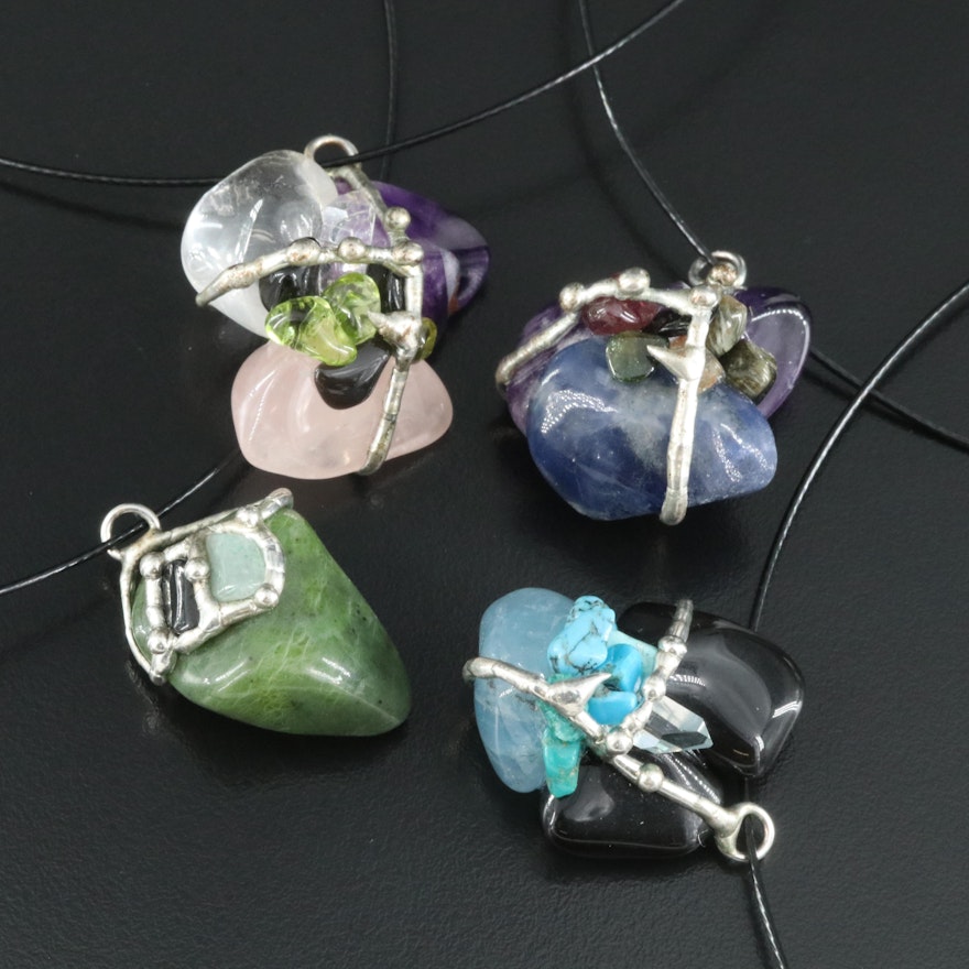 Amethyst, Rose Quartz and Rock Crystal Quartz Pendant Necklaces