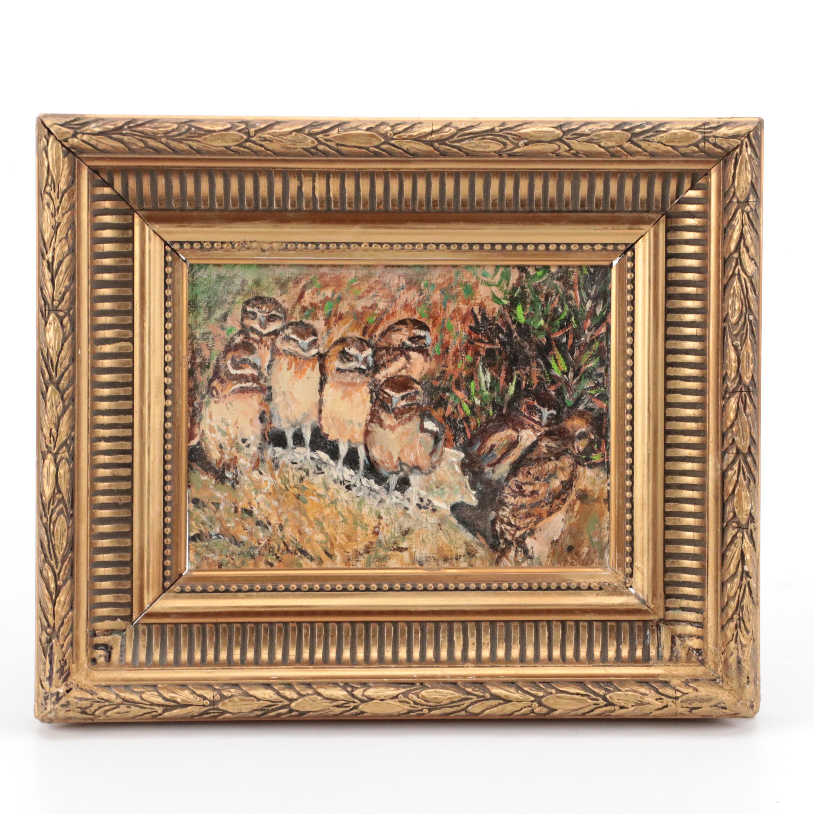 Arnold Blanch Oil Painting of Burrow Owl Family, Mid-20th Century