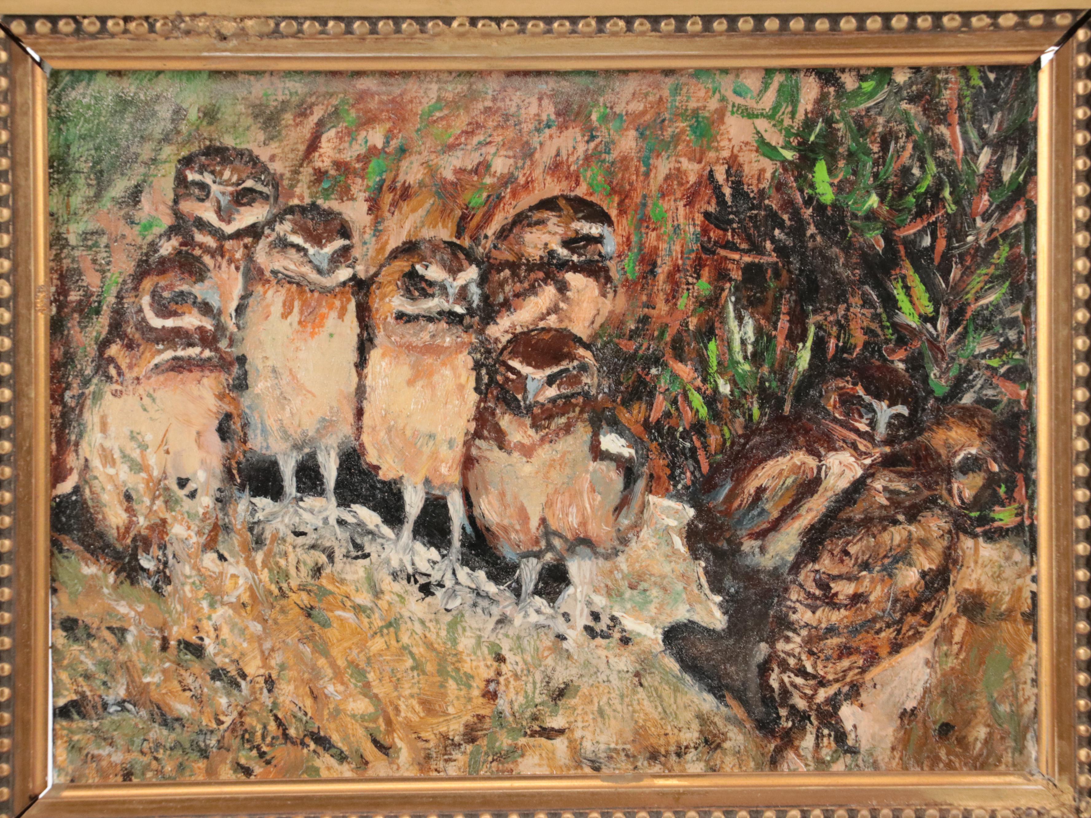 Arnold Blanch Oil Painting of Burrow Owl Family, Mid-20th Century