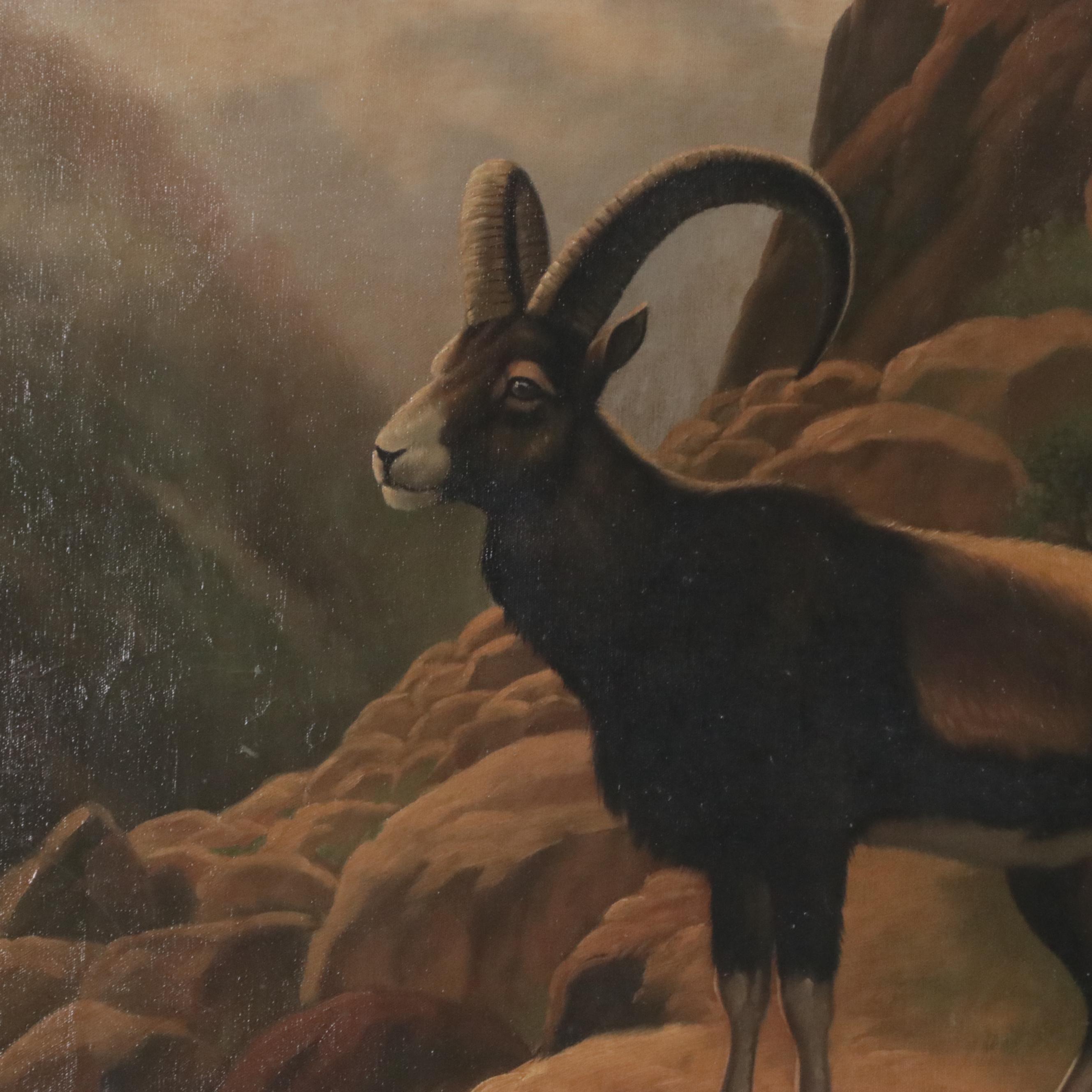 Oil Painting of Ibex in Mountain Landscape After Georges Frédéric Rötig