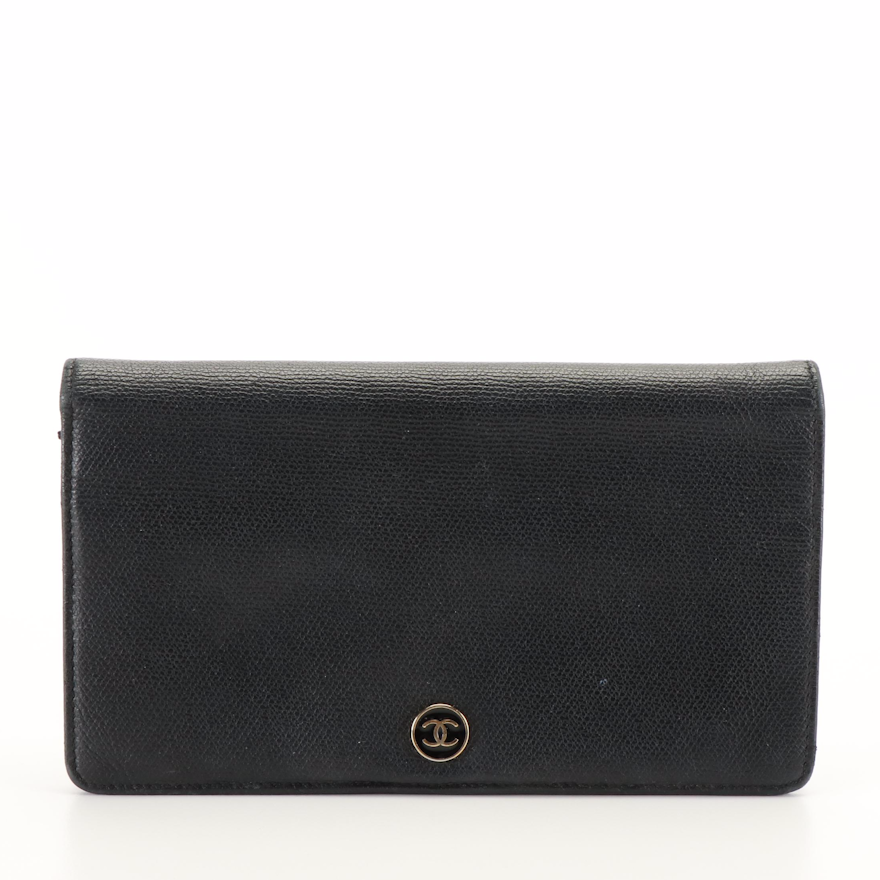 Chanel CC Enamel Logo Black Leather Bi-Fold Long Wallet