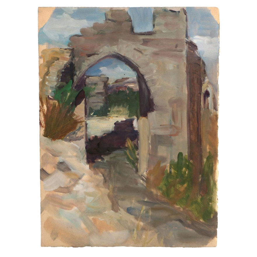 Deborah Kriger Oil Painting of Cityscape with Archway, Late 20th Century