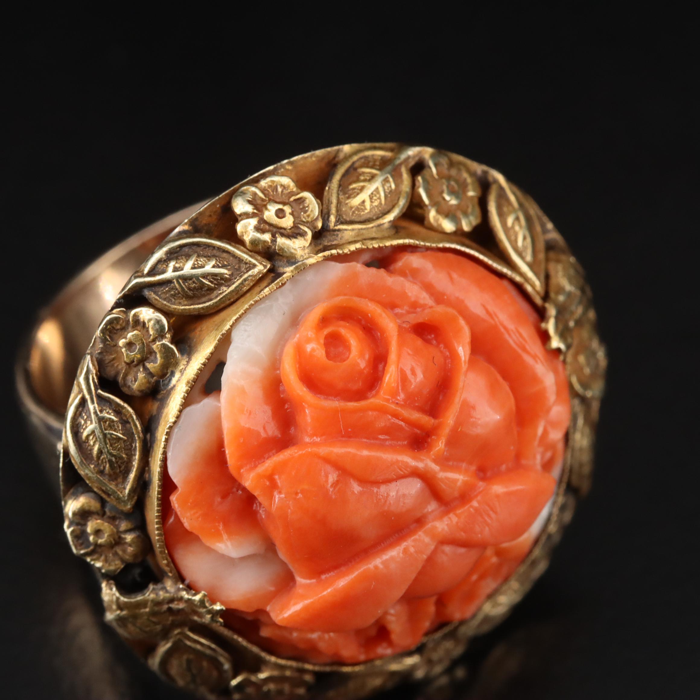 Vintage 14K Carved Coral Rose Ring